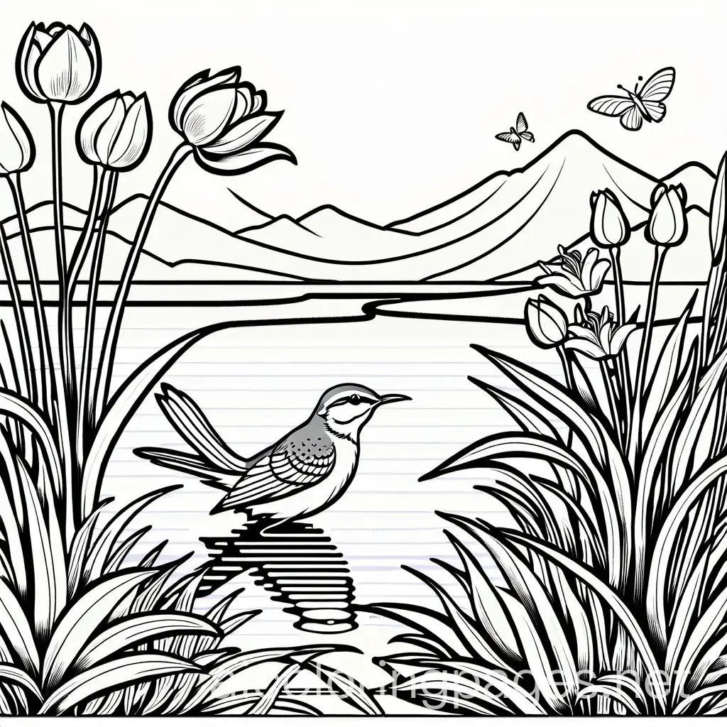 Pacific Wren and with iris,lavender,daisy,orchid ,tulips and roses on lake, Coloring Page, black and white, line art, white background, Simplicity, Ample White Space. The background of the coloring page is plain white to make it easy for young children to color within the lines. The outlines of all the subjects are easy to distinguish, making it simple for kids to color without too much difficulty