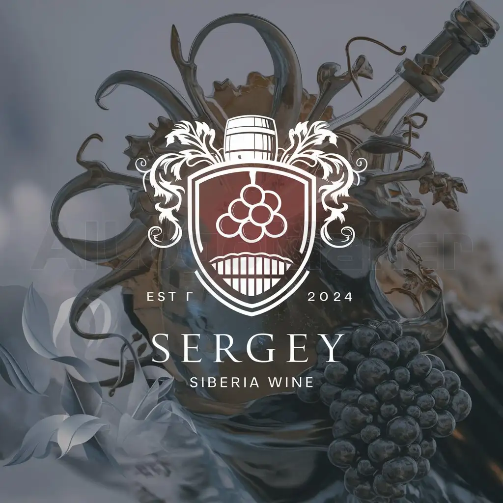 a logo design,with the text "2024", main symbol:S grapes glass bottle barrel heraldry shield Sergey Siberia red wine snow nature beauty,complex,clear background