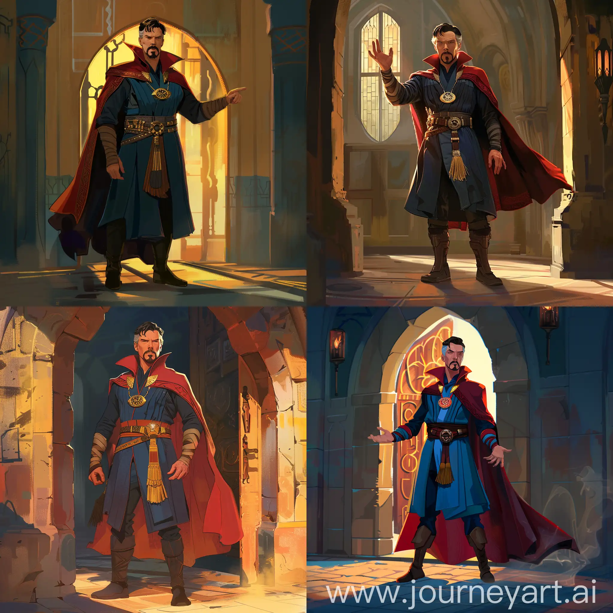 Subject: Doctor Strange's character.
Pattern of design and illustration: following the animation of Marvel Studios, in the name of what if..
Character Description: Stands upright, facing the first-person audience, and invites him in politely but mysteriously by pointing to a door.
Subject: Doctor Strange's character.
Pattern of design and illustration: two-dimensional and follow animation illustration: what if.., from Marvel Studio.
Character description: He wears his special clothes, but without a cape, the details of the clothes are relatively few, the details of the face are relatively expressive, he stands tall, and he stands facing the viewer in the first person, he looks at him politely with a mysterious smile and gestures and gestures. Both hands respectfully invite him to a door in the middle of the right wall, politely but mysteriously.Description of the image: one-point perspective, a square cubic hall, from the first view, the adjacent walls are very narrow, the hall is similar to an Achaemenid place of worship but with little detail, the lighting space is from small torches on the walls, but the supplier Little light is produced and the atmosphere is dim and mysterious. The character of Dr. Strange is placed in the vertical one-third division from the right side in relation to the space creation and the image frame.