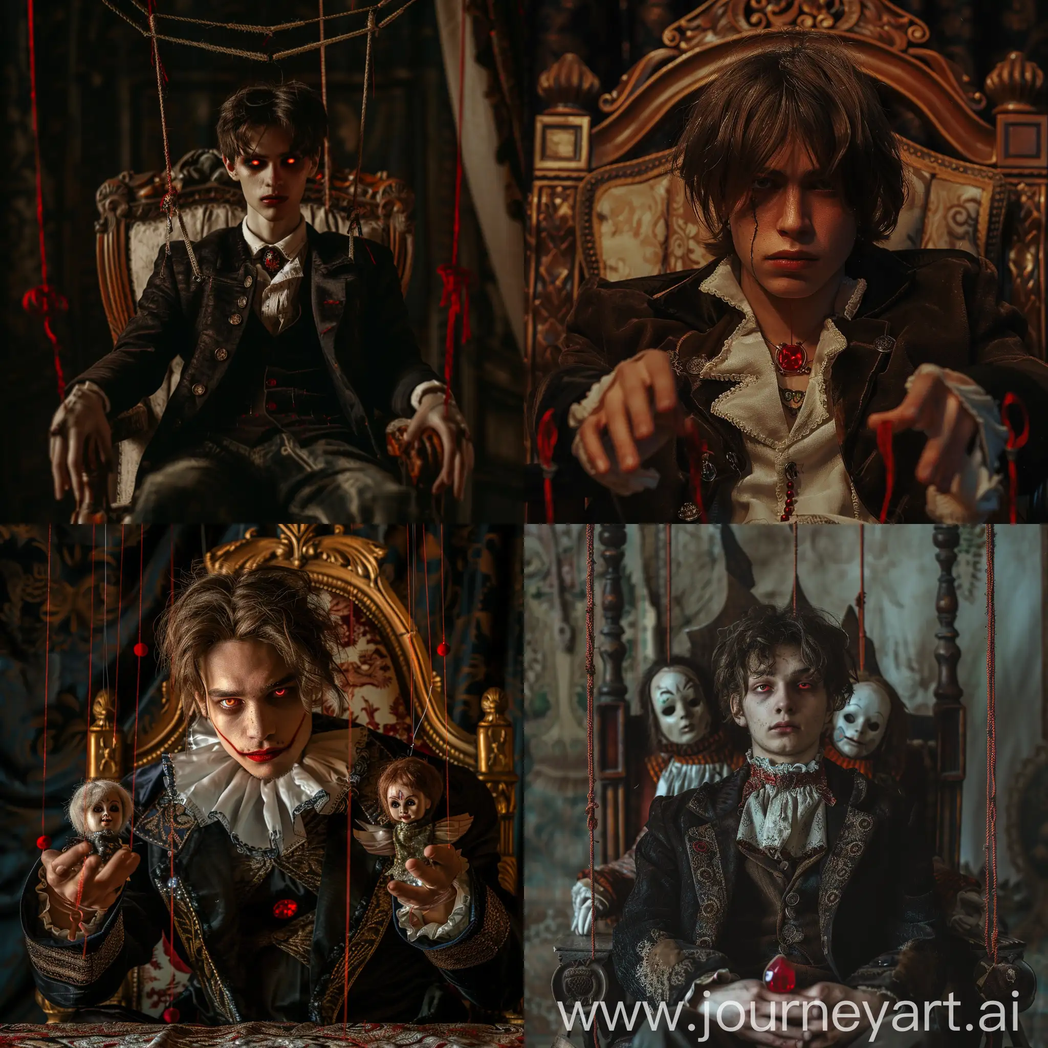 Realistic photo of a man, A young guy, without a beard, fair skin, pointed chin, medium-long brown hair falling over his shoulders bangs, red eyes glowing, sitting on a throne, jacket, a white handkerchief with a red stone in the middle on his neck , red threads on his fingers, controls 2 puppets over a beautiful table, on puppets in Dancing, realistic style
