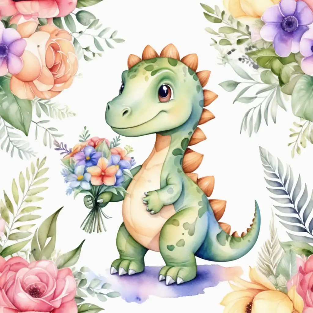 En liten söt dinosaurier som håller I en bukett blommor , med vattenfärg 