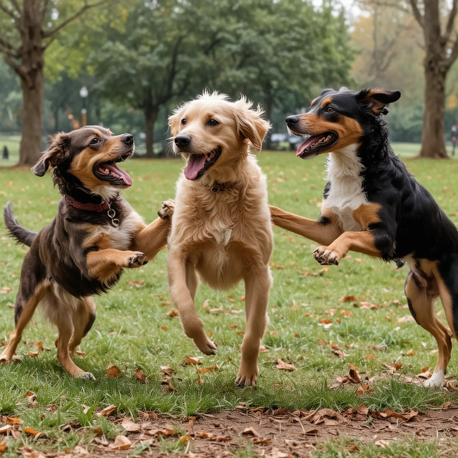 3 spry mixed breed dogs are playing together delightfully in the park