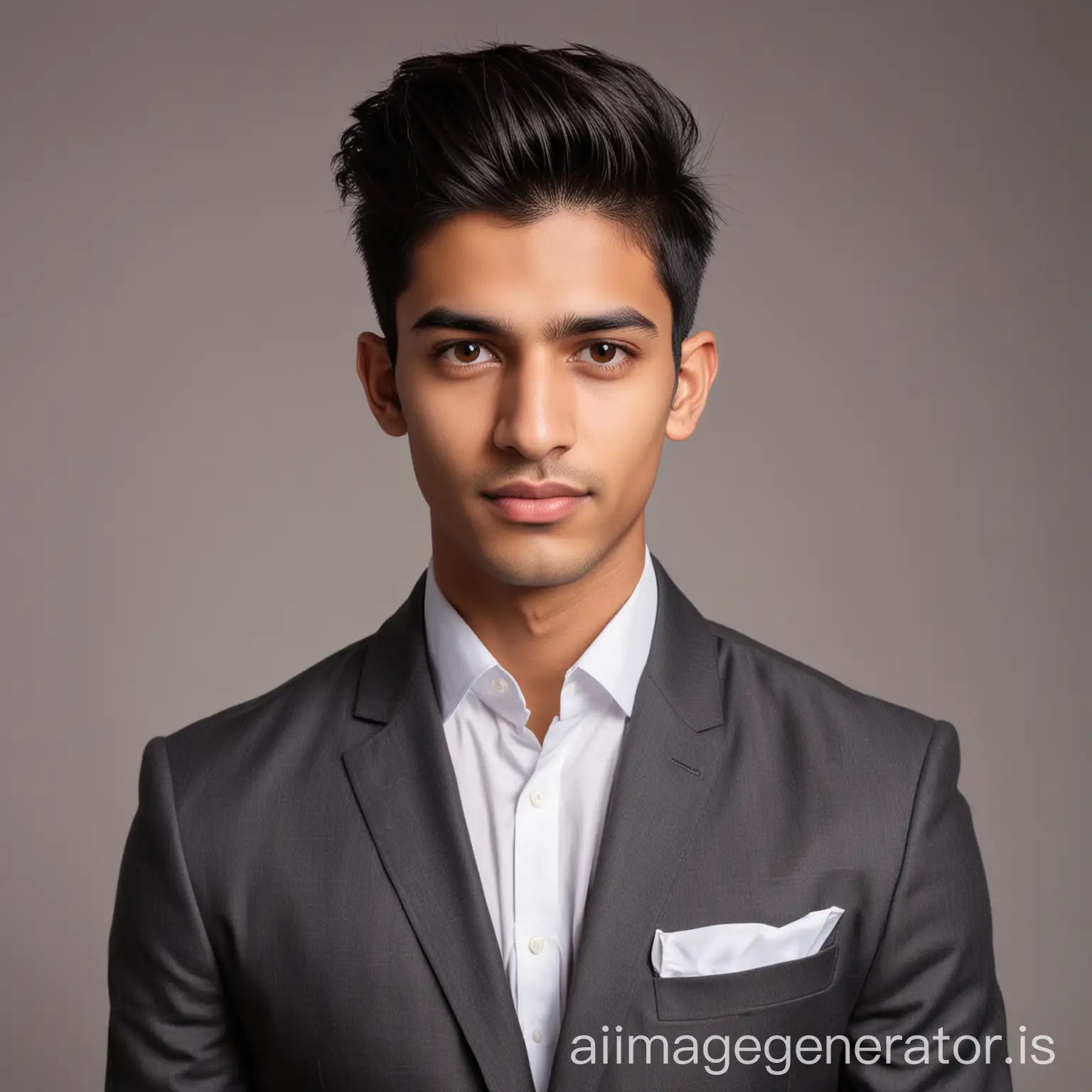 27 year old Indian teen male, slightly acne scar, fair skin, with skinny neck, slightly lighter tone, posing for a LinkedIn photo in formal wear, with Pompadour Haircut Style. Just a formal shirt