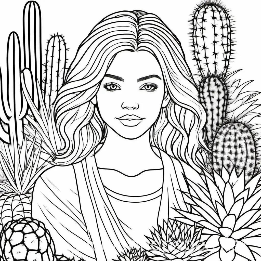 Create a tranquil scene with a close-up of a woman with a hair garden of cacti., Coloring Page, black and white, line art, white background, Simplicity, Ample White Space. The background of the coloring page is plain white to make it easy for young children to color within the lines. The outlines of all the subjects are easy to distinguish, making it simple for kids to color without too much difficulty