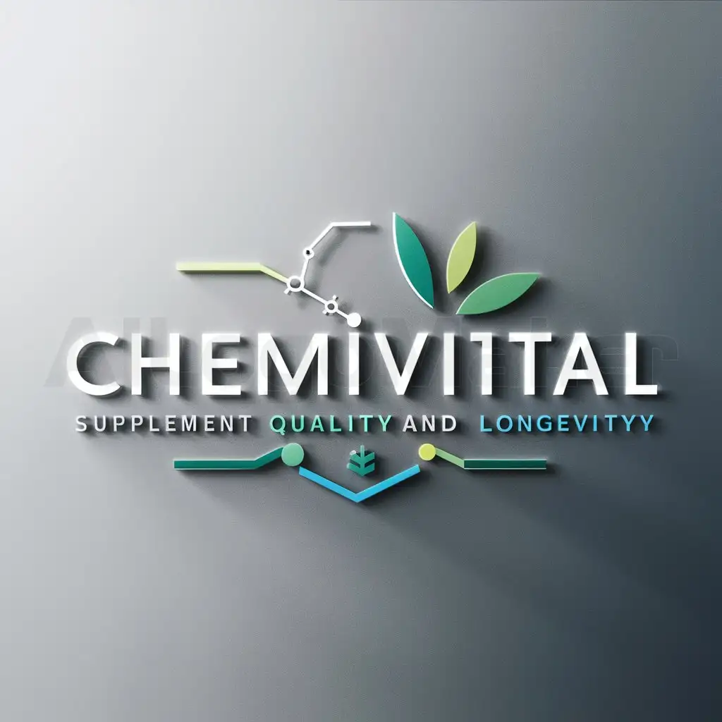 a logo design,with the text "ChemiVital", main symbol:For a logo for ChemiVital, a supplement company that emphasizes science, quality, and longevity, consider a design that is both modern and professional. The logo could feature a sleek, clean font for the company name, suggesting reliability and expertise. Incorporate a scientific element, such as a simple molecular structure or a flask, subtly integrated within or around the text to represent the company's scientific foundation. Adding a leaf or a tree element could symbolize natural ingredients and longevity. A color palette of greens and blues can evoke feelings of health, trust, and vitality. This combination would create a logo that communicates the brand’s commitment to high-quality, science-based supplements that promote long-term well-being.,Moderate,be used in Nutrition industry,clear background
