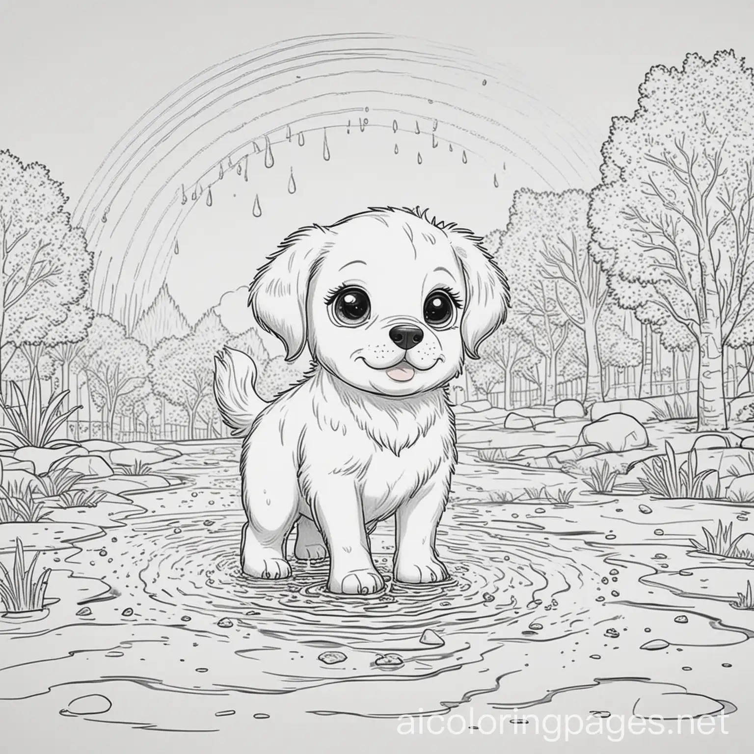 Cute puppy splashing in a puddle under a rainbow on a sunny day in a park scene , Coloring Page, black and white, line art, white background, Simplicity, Ample White Space. The background of the coloring page is plain white to make it easy for young children to color within the lines. The outlines of all the subjects are easy to distinguish, making it simple for kids to color without too much difficulty, Coloring Page, black and white, line art, white background, Simplicity, Ample White Space. The background of the coloring page is plain white to make it easy for young children to color within the lines. The outlines of all the subjects are easy to distinguish, making it simple for kids to color without too much difficulty
