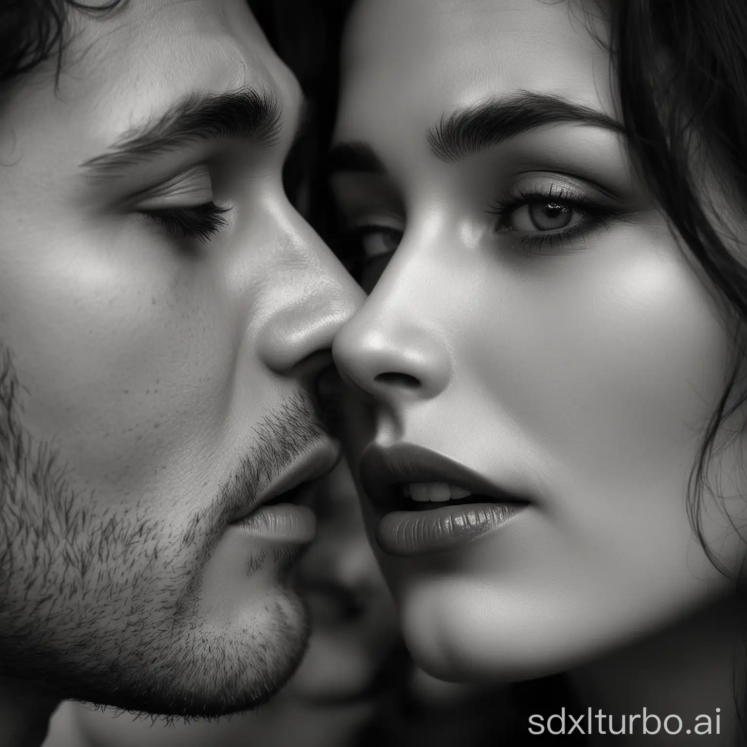 Photo, Black and white color, Man and exquisitely beautiful woman, Depict the intimacy of a whispered secret, with lips barely moving and eyes focused on the listener, conveying a sense of trust and connection.