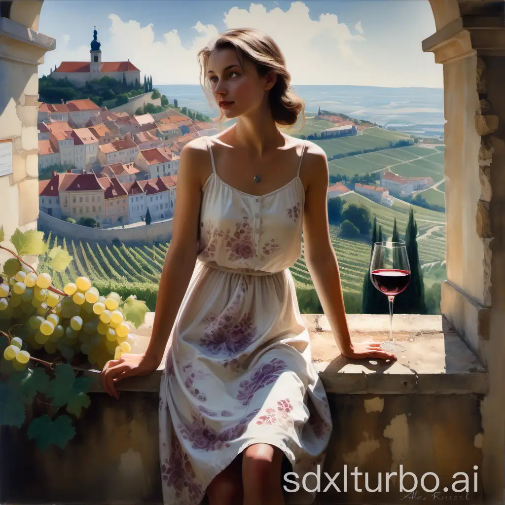 midjourney style. Alex Russell Flint's painting depicting a young attractive girl in a summer dress holds a glass of wine, in the background is the historical part of the city of Mikulov, bottles of wine, glasses of wine, vineyards and vines