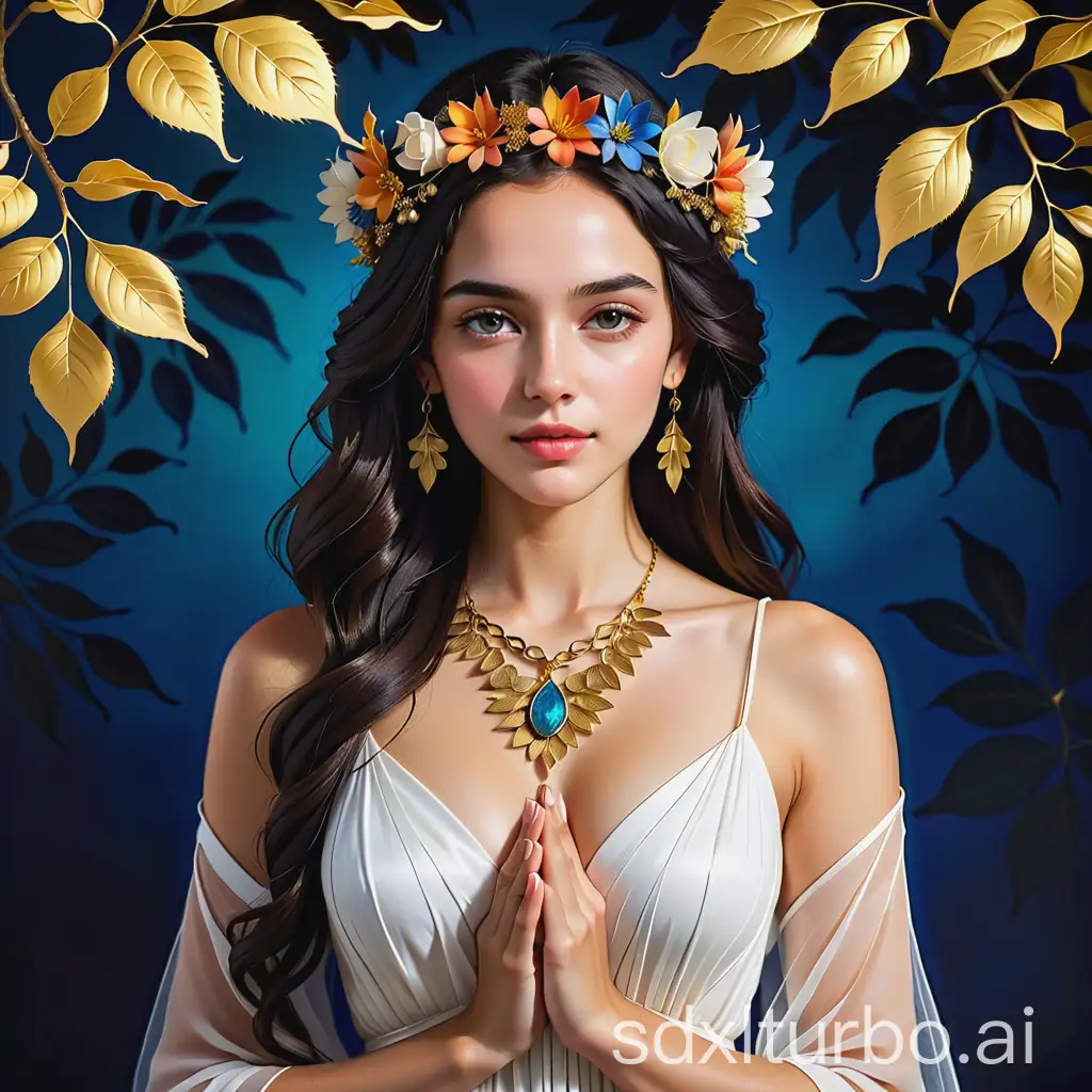 The image depicts a young woman with long, dark hair adorned with a vibrant flower crown. She is wearing a white dress with a blue and gold pattern, and a gold necklace with a pendant. The woman is holding a bunch of dried leaves in her hands, suggesting a connection to nature or a ritualistic purpose. The background is a dark blue color, providing a stark contrast to the woman's white dress and the colorful leaves. The painting style is realistic, with a focus on the woman's facial expression and the details of her attire.