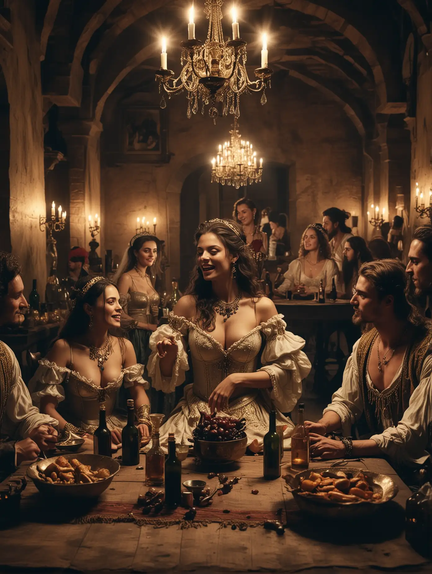 An epic scene in 17th century in a castle hall featuring a group of light dressed men in a good mood in the company of two beautiful belly-dancers are sitting at the table with bottles and dishes, at night, high-detailed, close cinematic rear view from the shoulder of one of the men