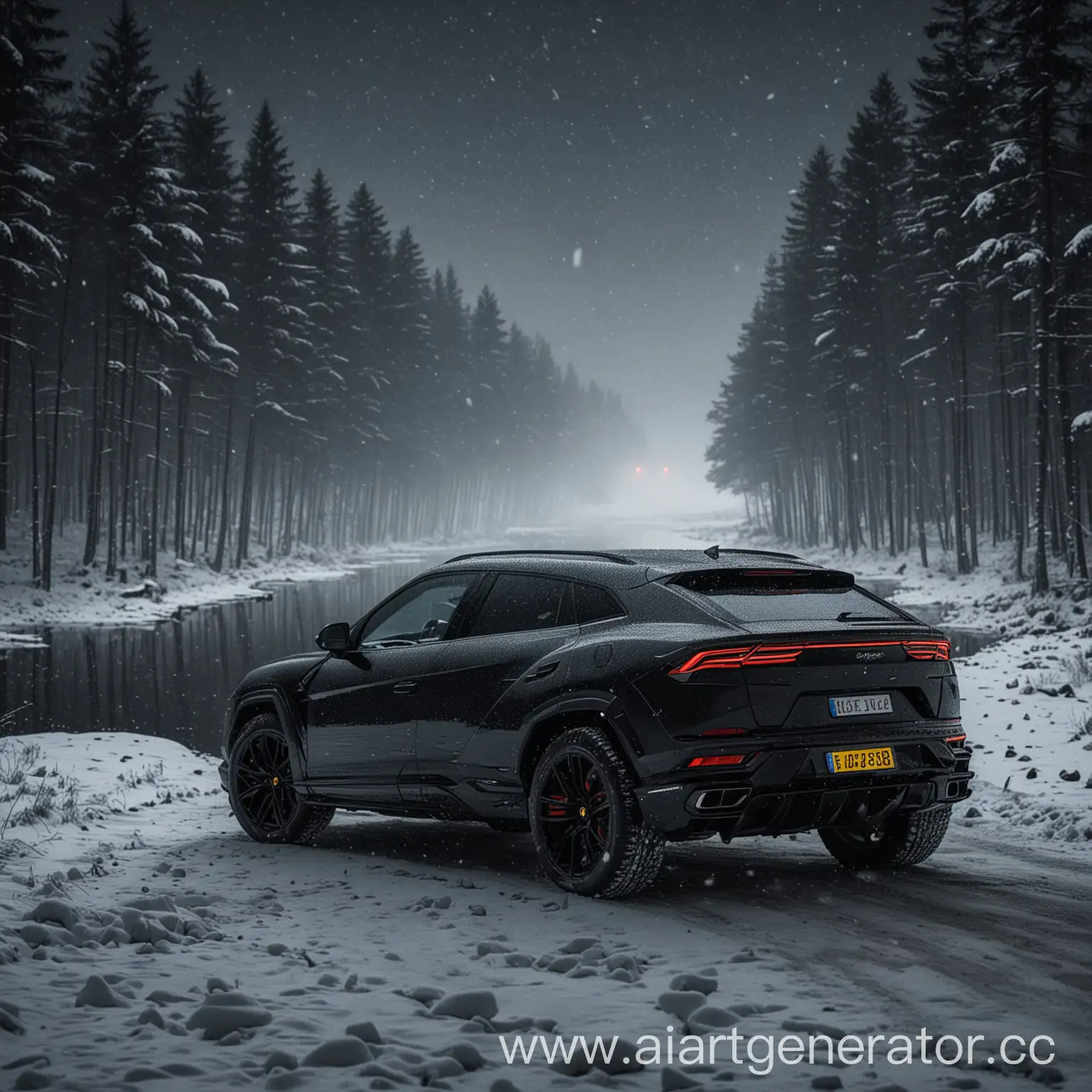 Black-Lamborghini-Urus-Driving-Through-Snowy-Forest-at-Night