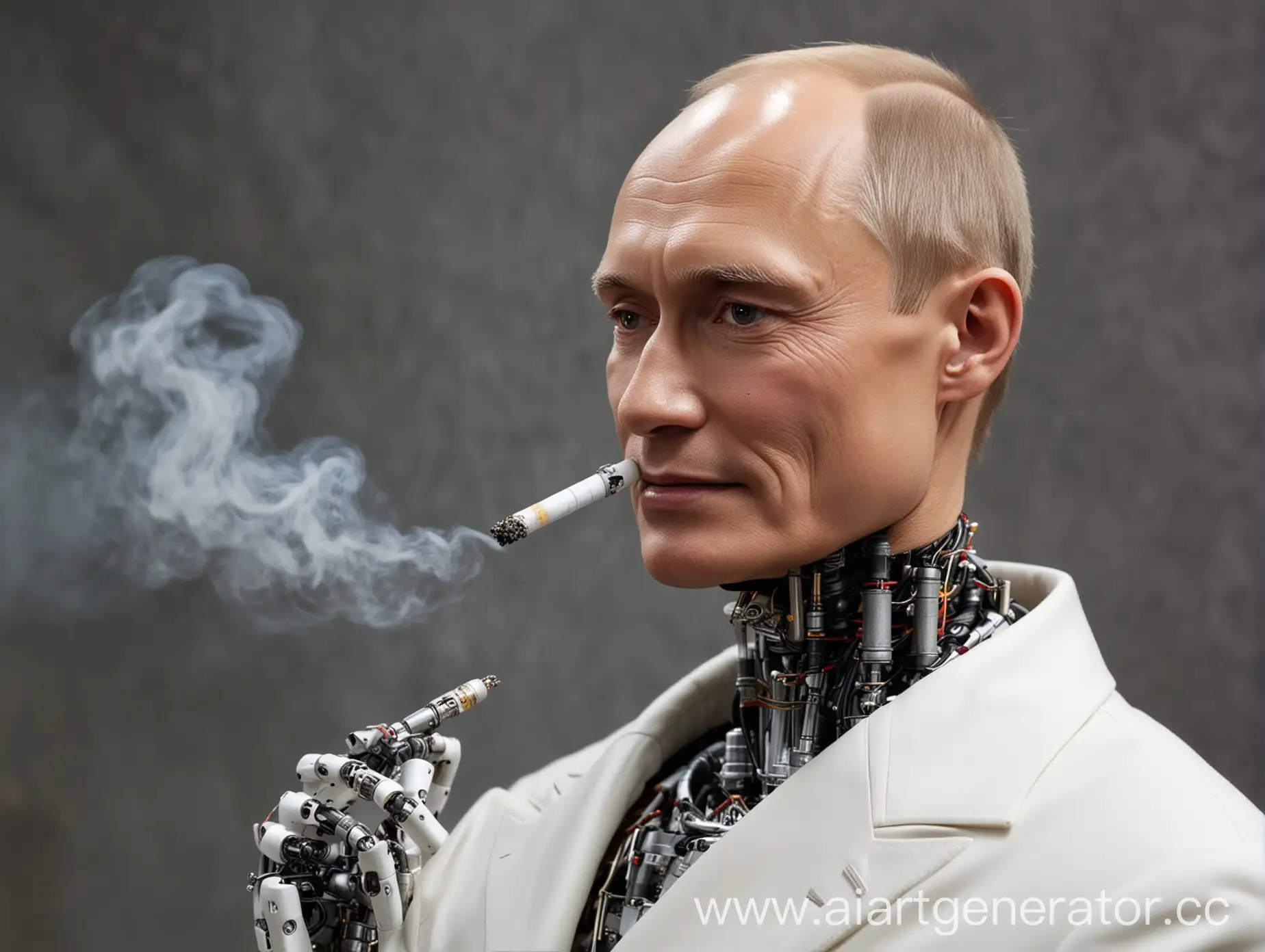 Робот скайнет, идиалтный двойник близнеца презедента рф путина, курит сигарету и улыбается