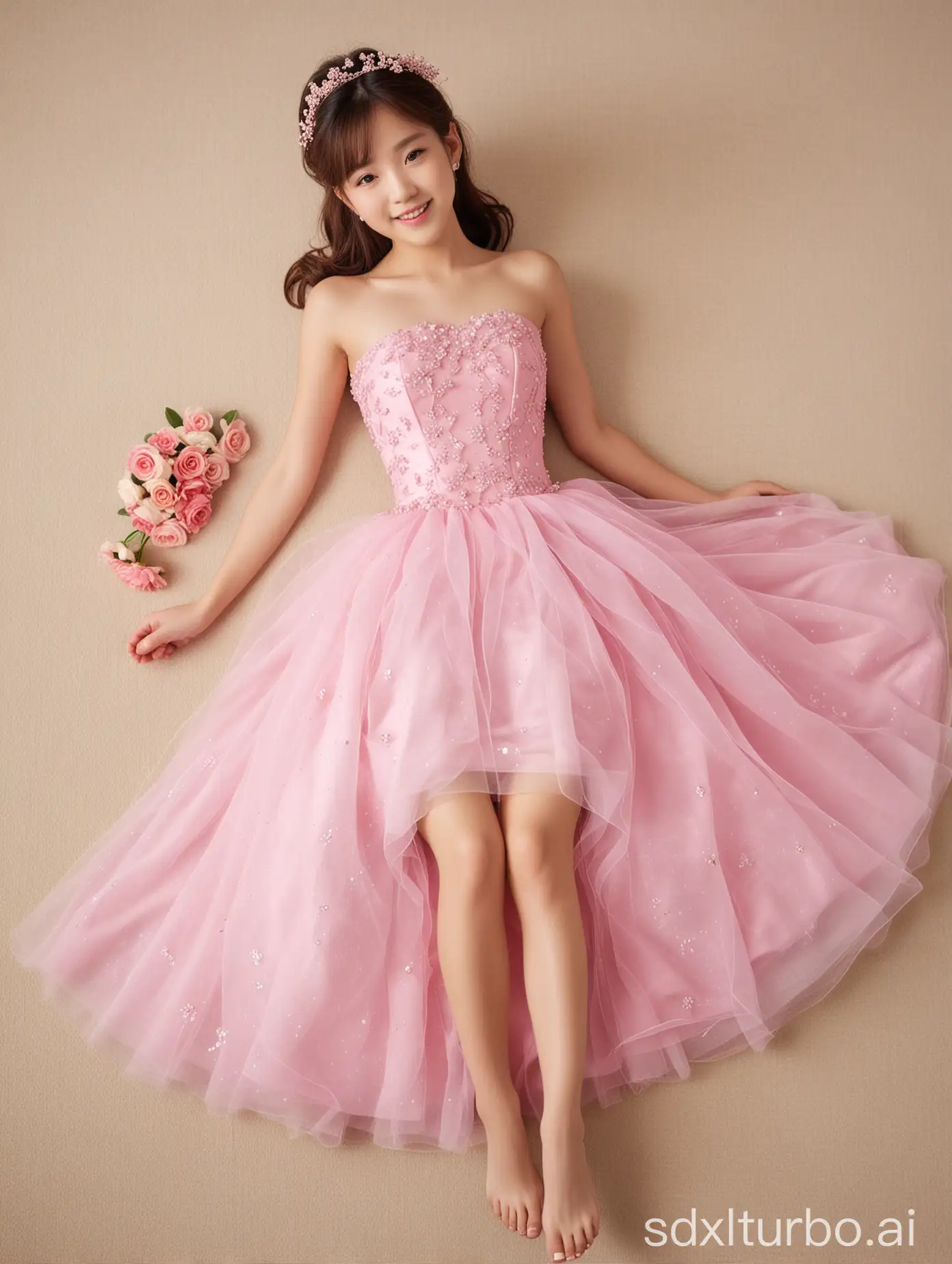 12yo,1girl,Japanese,pink strapless short wedding dress,full body,lying