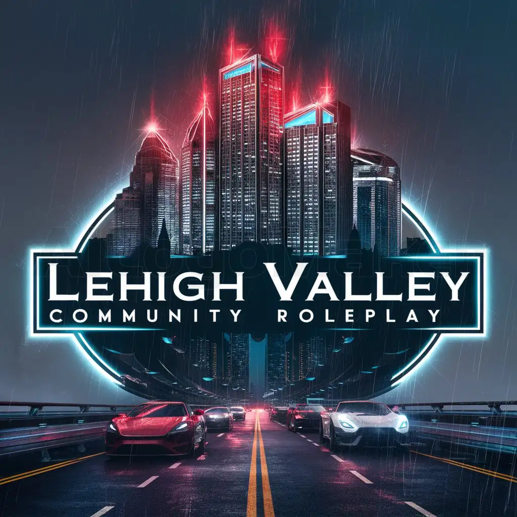 a logo design,with the text "Lehigh Valley Community RolePlay", main symbol:skyscrapers flashing red and blue lights with cars on a road with rain pouring down from the sky,Moderate,clear background