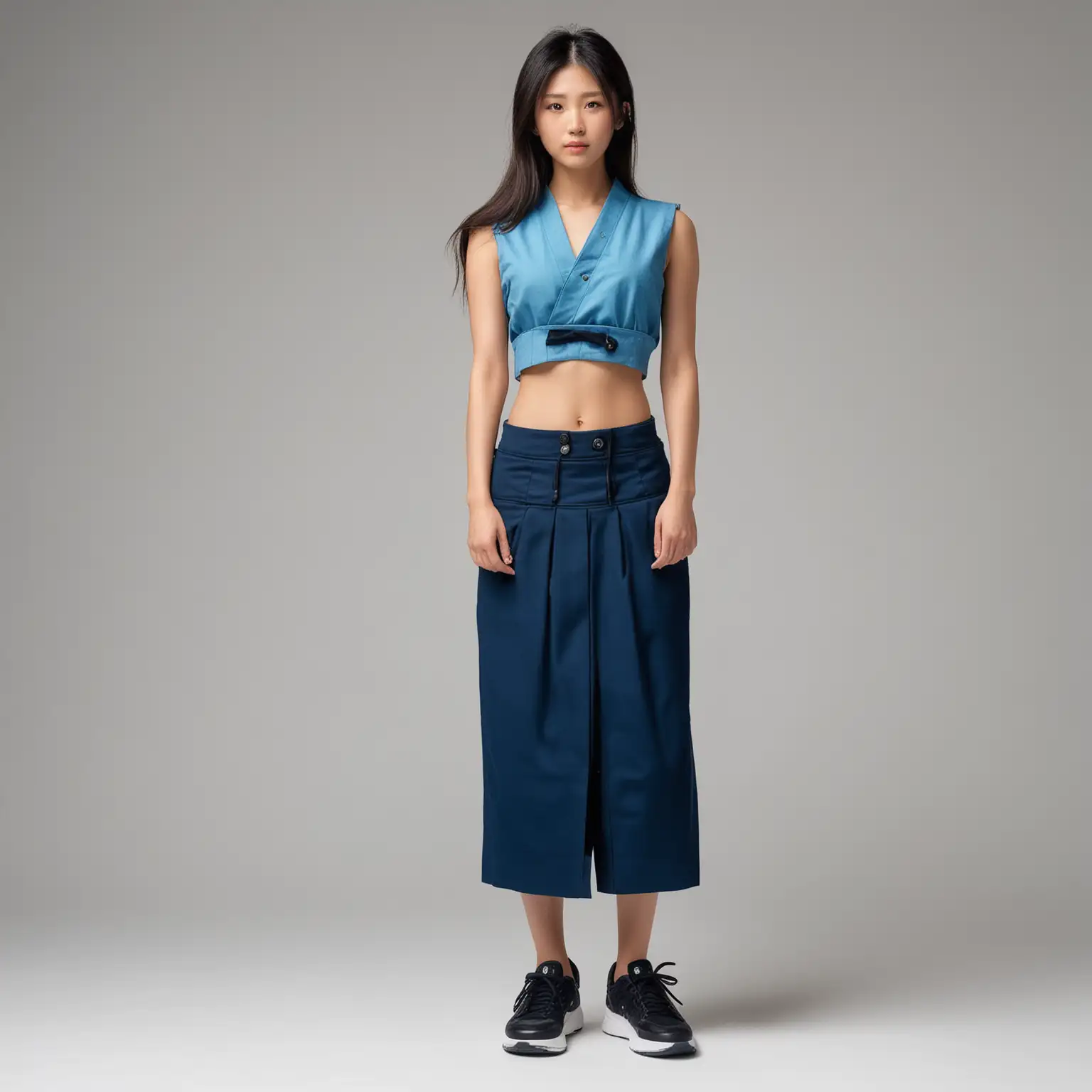 Standing full body view, toned beautiful Japanese supermodel with thin waist and long legs in sleeveless, azure vest top with black buttons, midriff exposed, puffy azure hakama skirt, black sneakers, sneakers, white background