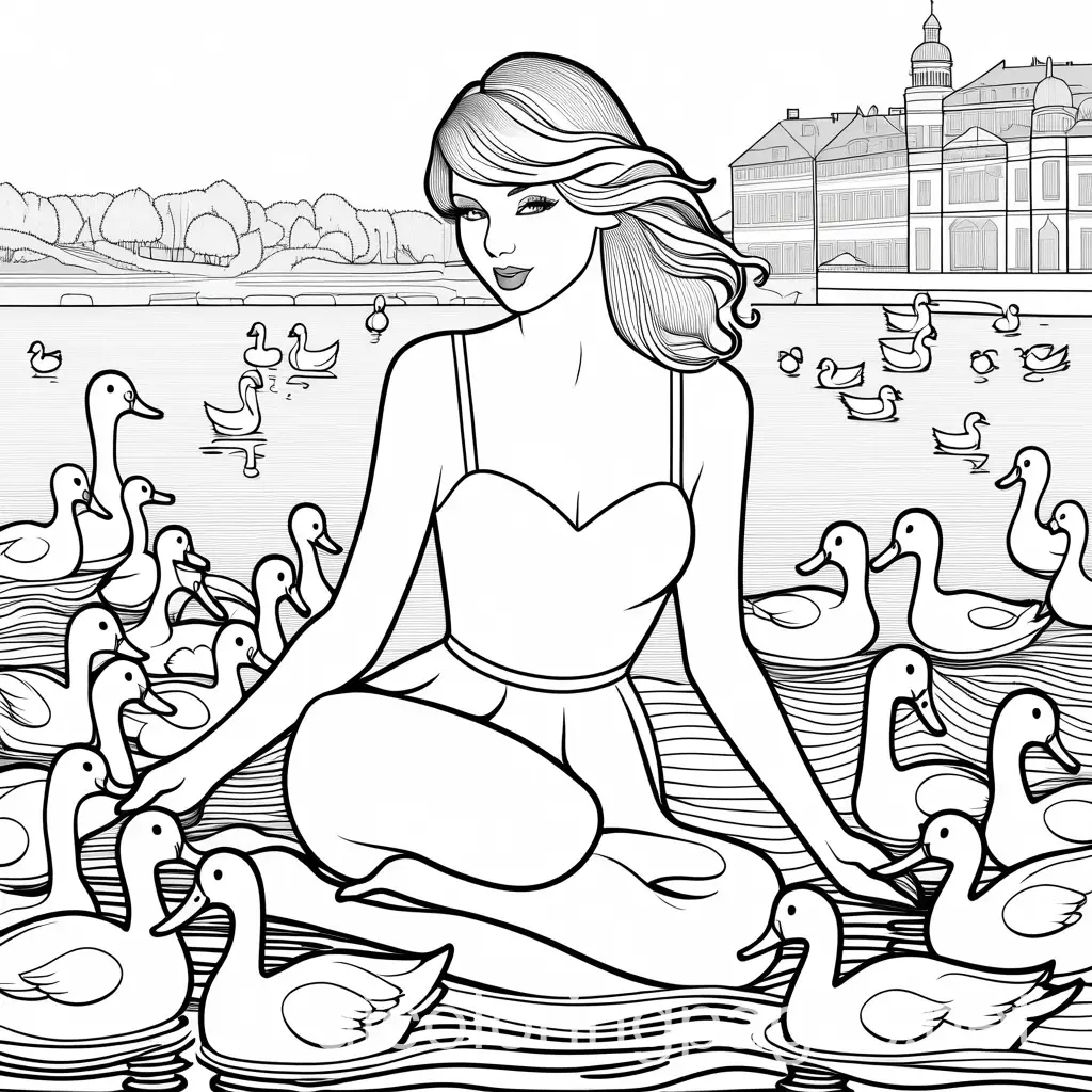 taylor swift colouring page, with only outlines. no grey, only black and white. she is holding an aperol spritz, and surrounded by ducks , Coloring Page, black and white, line art, white background, Simplicity, Ample White Space. The background of the coloring page is plain white to make it easy for young children to color within the lines. The outlines of all the subjects are easy to distinguish, making it simple for kids to color without too much difficulty