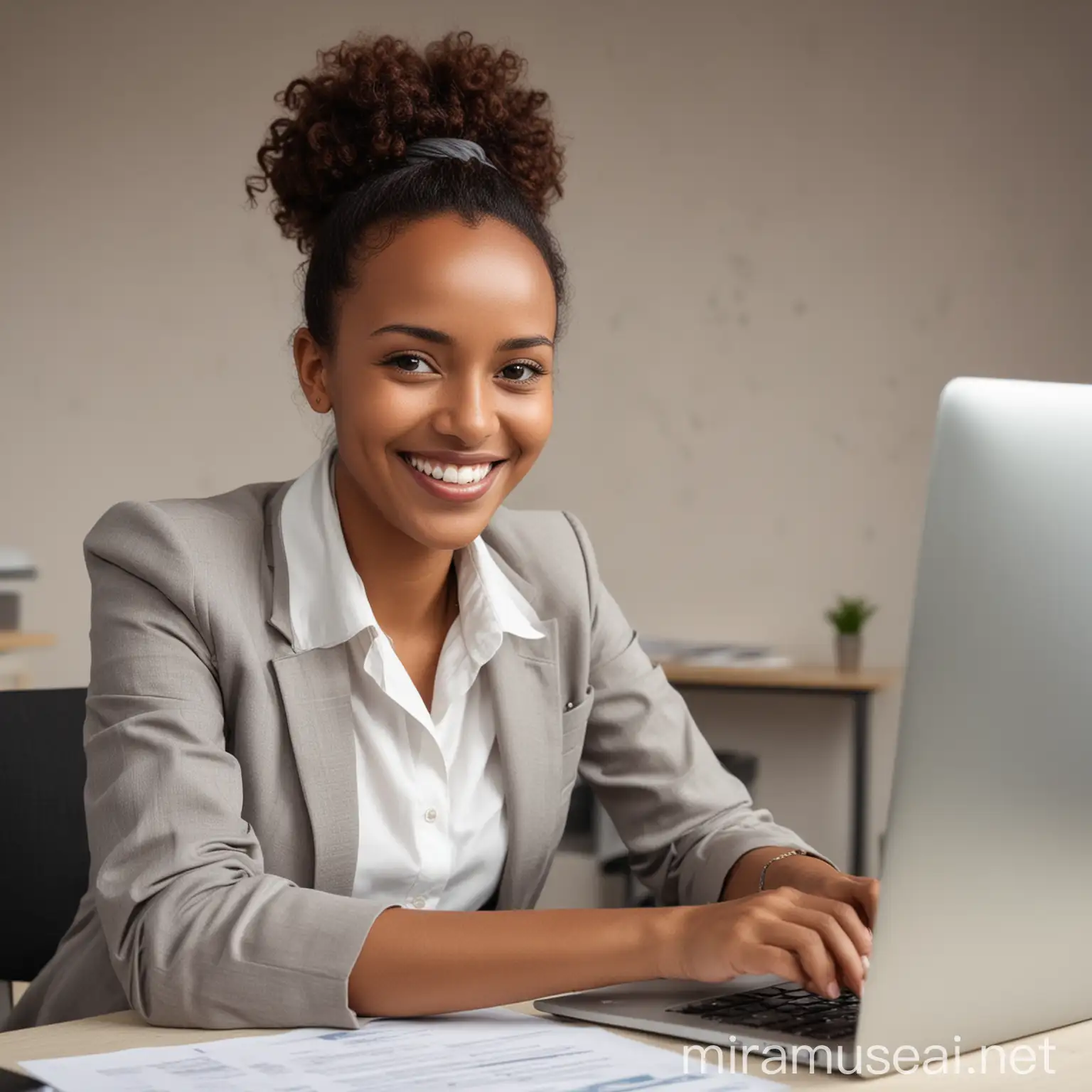 An ethiopian hr recruing woman happly smilling at a computer, dressing proffesionally and also checking applicants cv