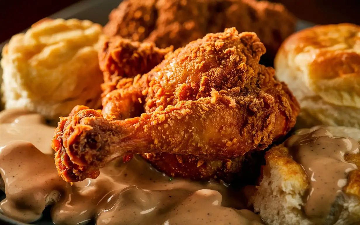 Color photo of a mouthwatering food photograph of a plate of crispy and golden fried chicken, served with a side of fluffy biscuits and creamy gravy. Comforting and soulful style, warm lighting enhancing the crunchy crust, close-up shot showcasing the juicy meat. Southern comfort.