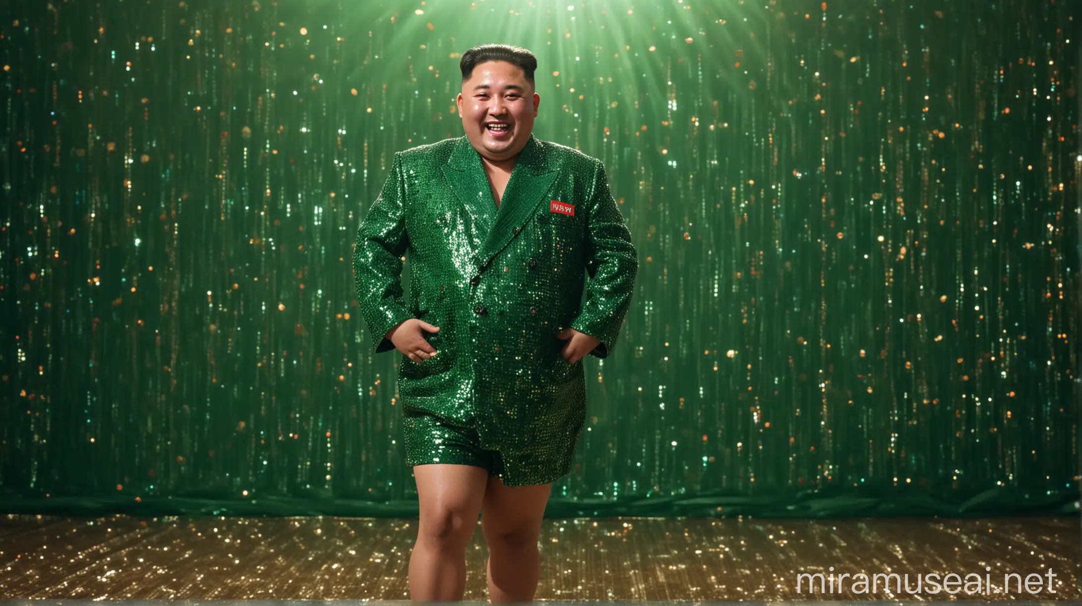 Full body photograph of Kim Jong Un the supreme leader of North Korea wearing green sequined coat and sequined shorts and standing straight, high detailed, staring at the camera, happy face, standing in a dance floor.