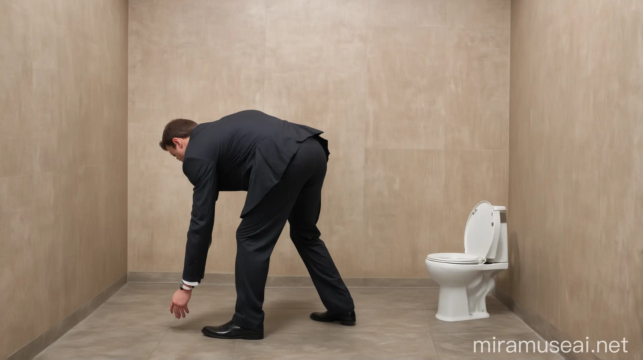 in a restroom, business men in suit and tie, bending over, approaching from the back