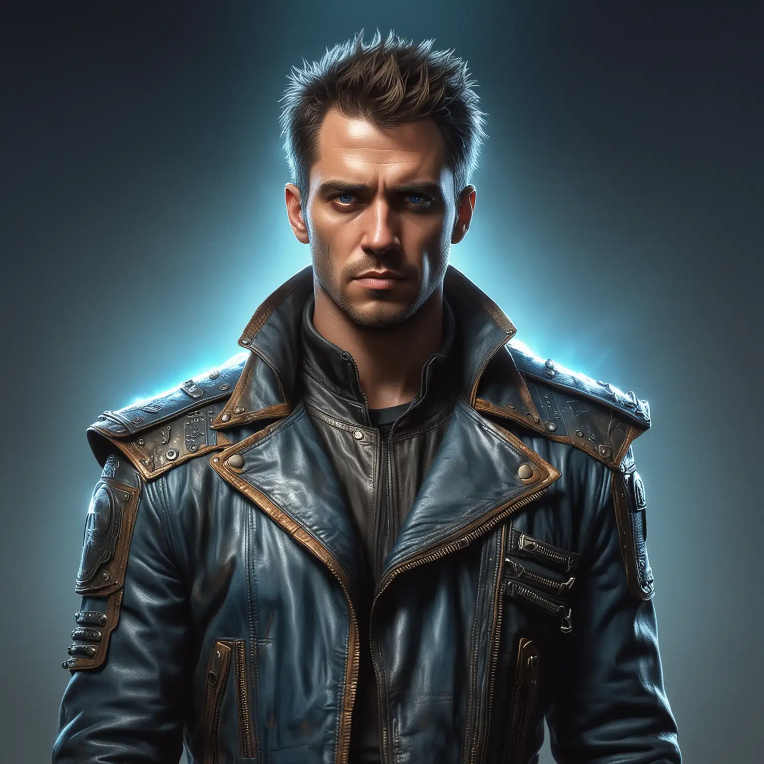 Mad Max, leather jacket with shoulder pad, a golden prophet, blue light aura, retro style artwork.