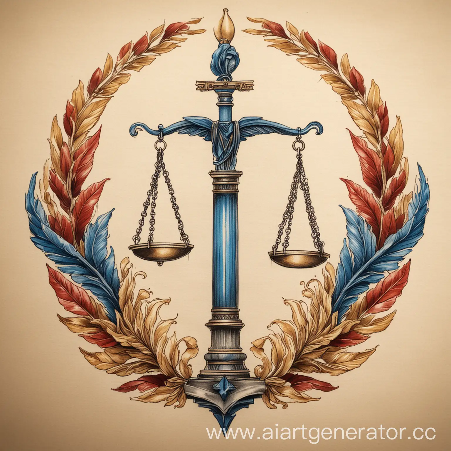 Эскиз для тату в стиле реализма, в цвете, преобладают синие, красные и золотые цвета. Тема эскиза весы правосудия, закон, право, древнегреческие колонны, папирусы, лавровые венки, мантия судьи. 