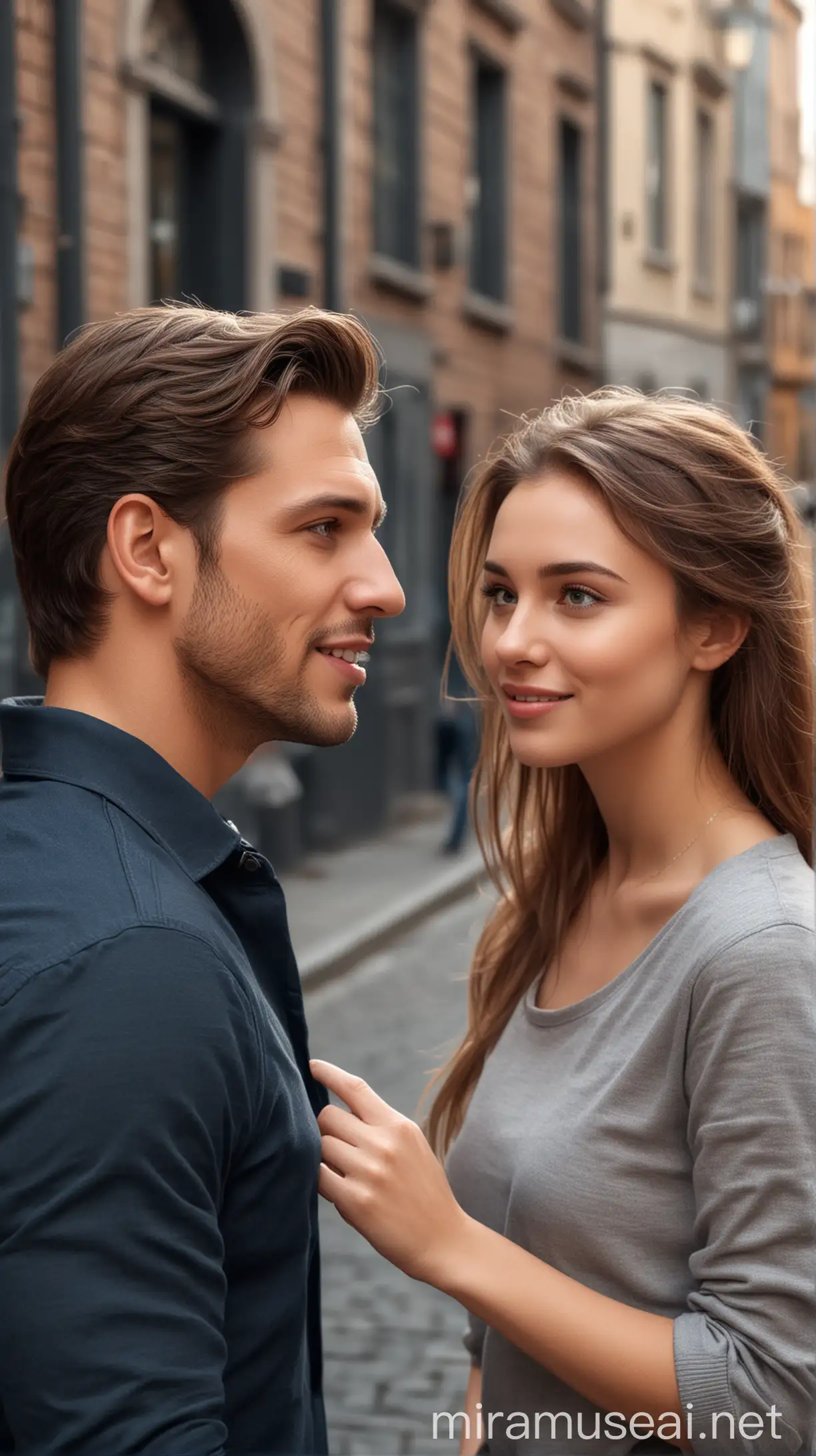 create an realistic image of a confident man talking with a beautiful girl in the street