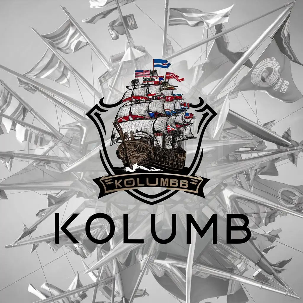 a logo design,with the text "Kolumb", main symbol:Coat of arms, on it a ship with flags,complex,clear background
