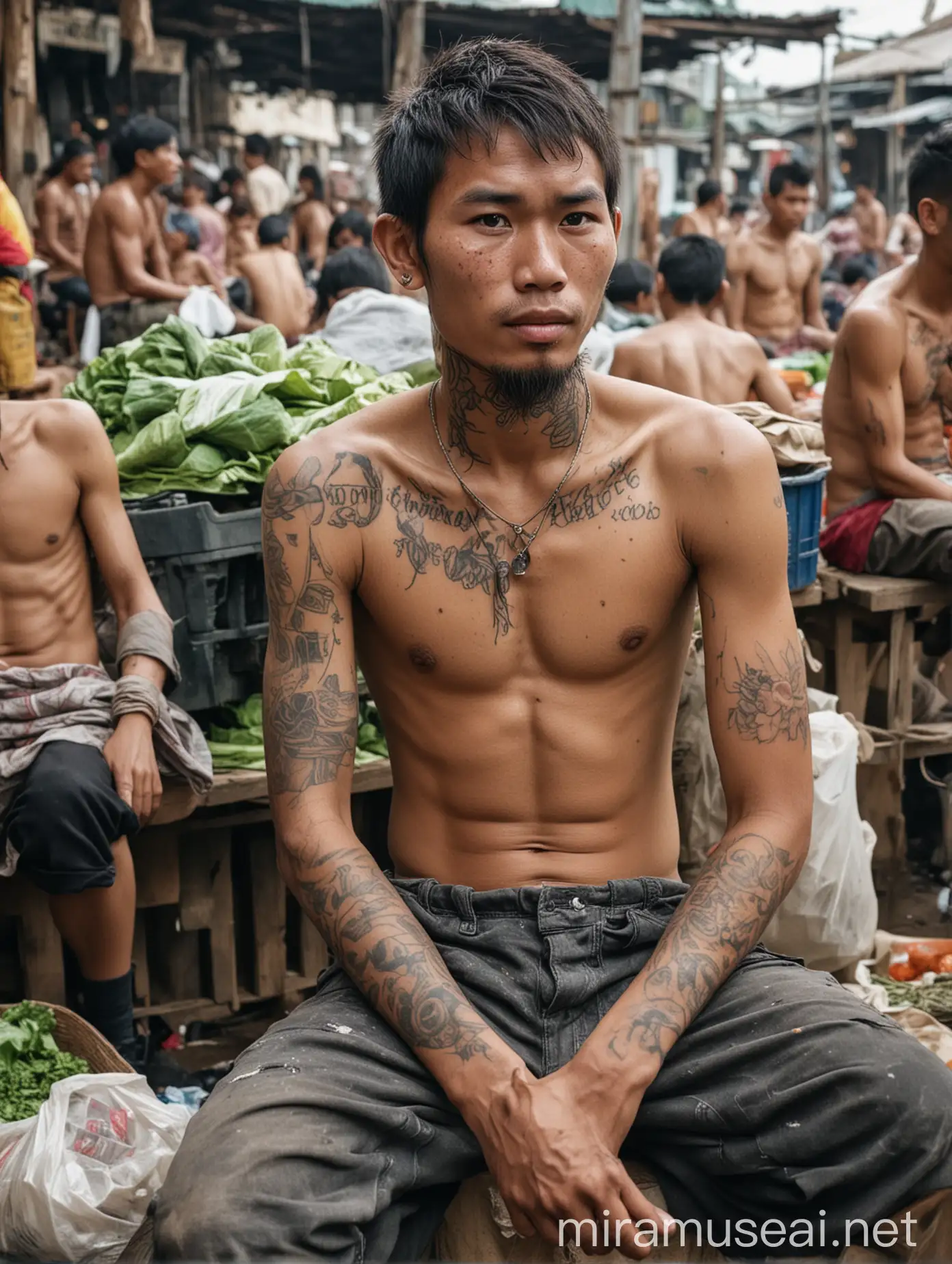 A 20-year Indonesian young man with a tattoo and hairy abs shirtless wearing shabby and worn-out clothes on his neck, is sitting in a dirty market in Indonesia, with many crowds of people, mothers carrying plastic bags of vegetables behind him.