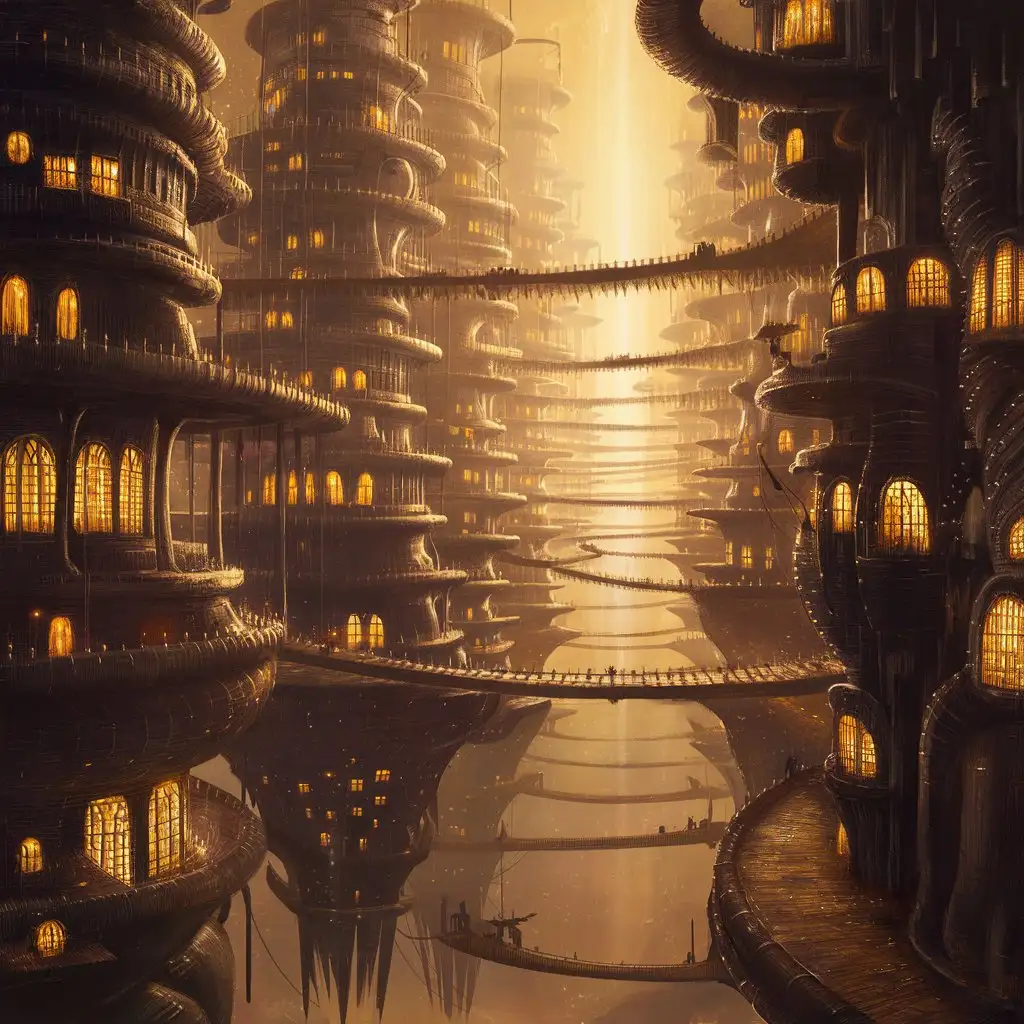 A floating city with fantastical architecture, bathed in golden light.