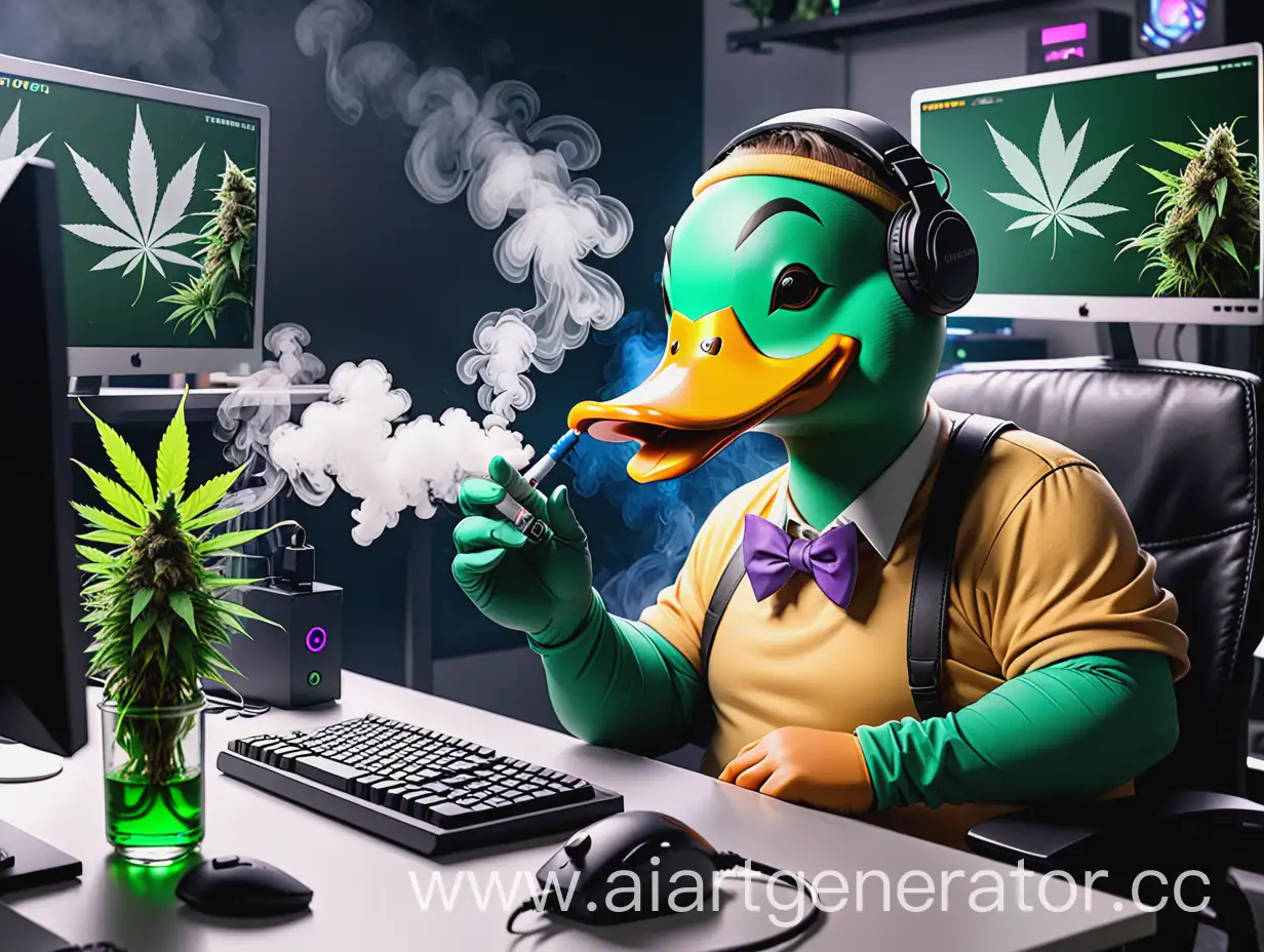 Duck-Vaping-Weed-at-Gamer-Workstation