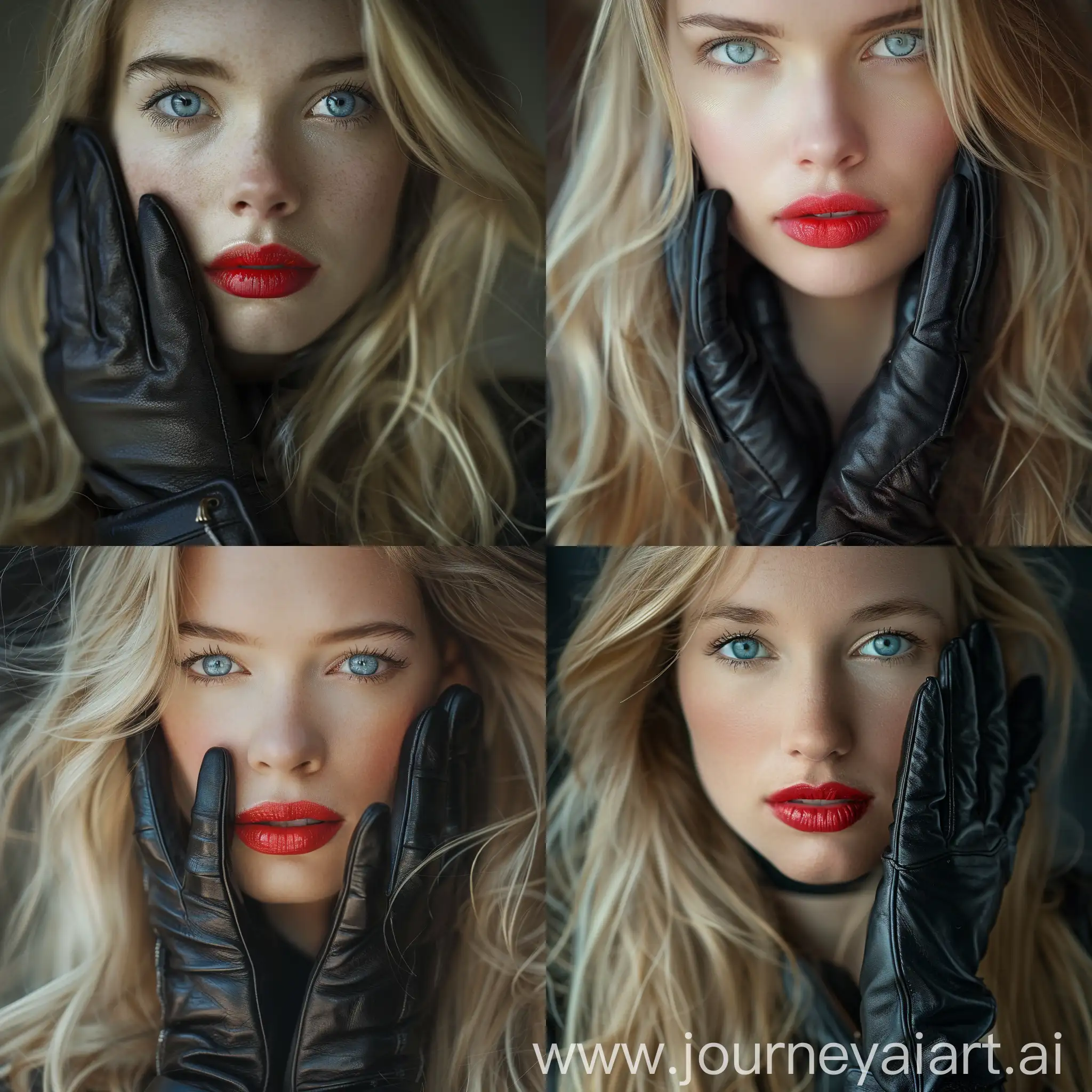A photo of a European blonde woman with blue eyes and long hair, wearing black leather gloves on her hands, posing for the camera, red lips, captured in closeup with soft natural light in the style of Peter Lindbergh. —ar 1:1
