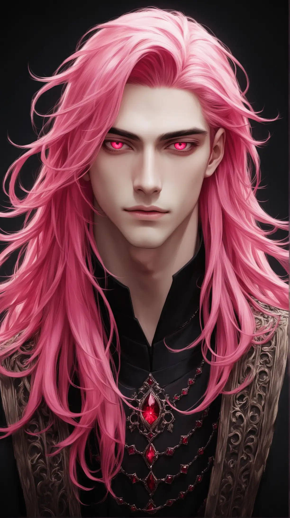 Young Man with Long Pink Hair and Crimson Eyes