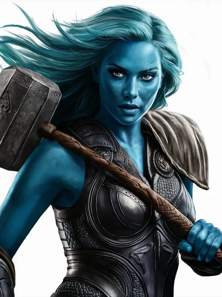 Mystical BlueSkinned Woman in Plate Armor with Aqua Hair and Hammer