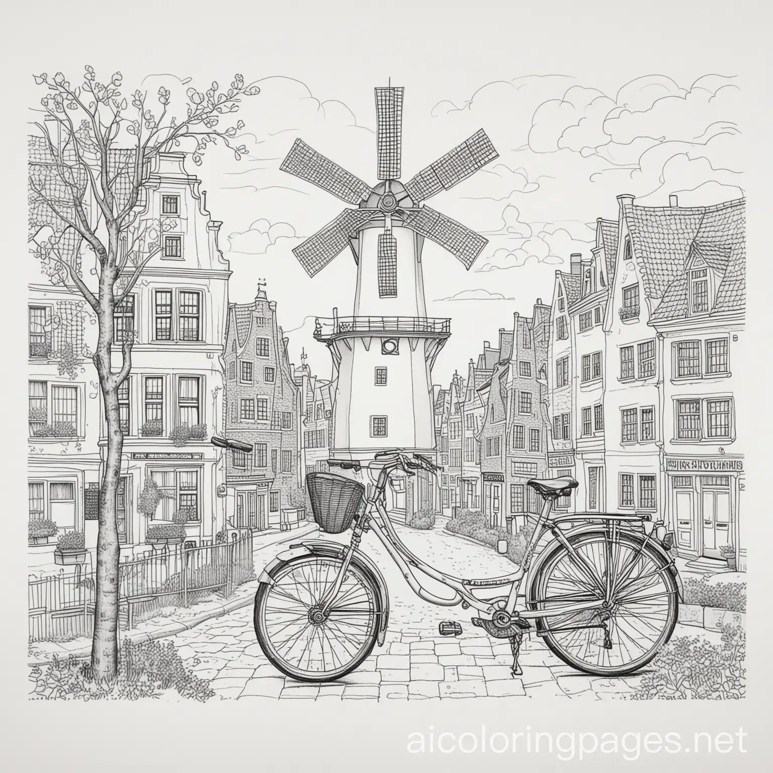 Netherlands-Coloring-Page-Tranquil-Windmill-Scene-in-Black-and-White