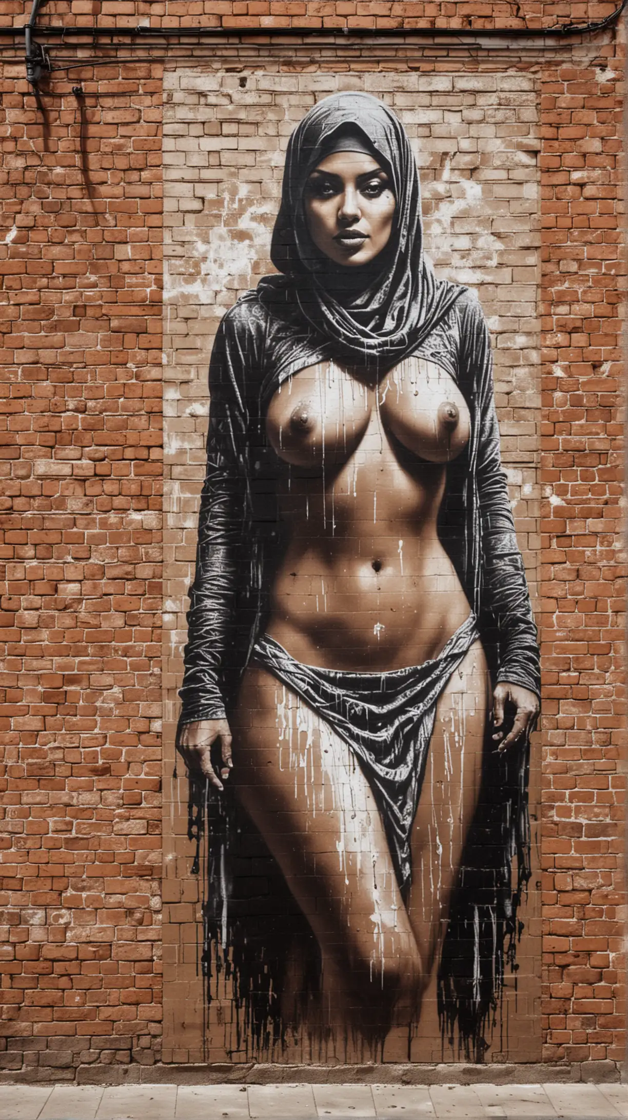 Art du graffiti sur un grand mur de briques marron, pin-up nue portant une burqa, peinture au pochoir noire, craie blanche, coulures, minimaliste, haute résolution, street art, urbain, provocateur, éclairage contrasté, tons monochromatiques, bruts et granuleux, textures détaillées