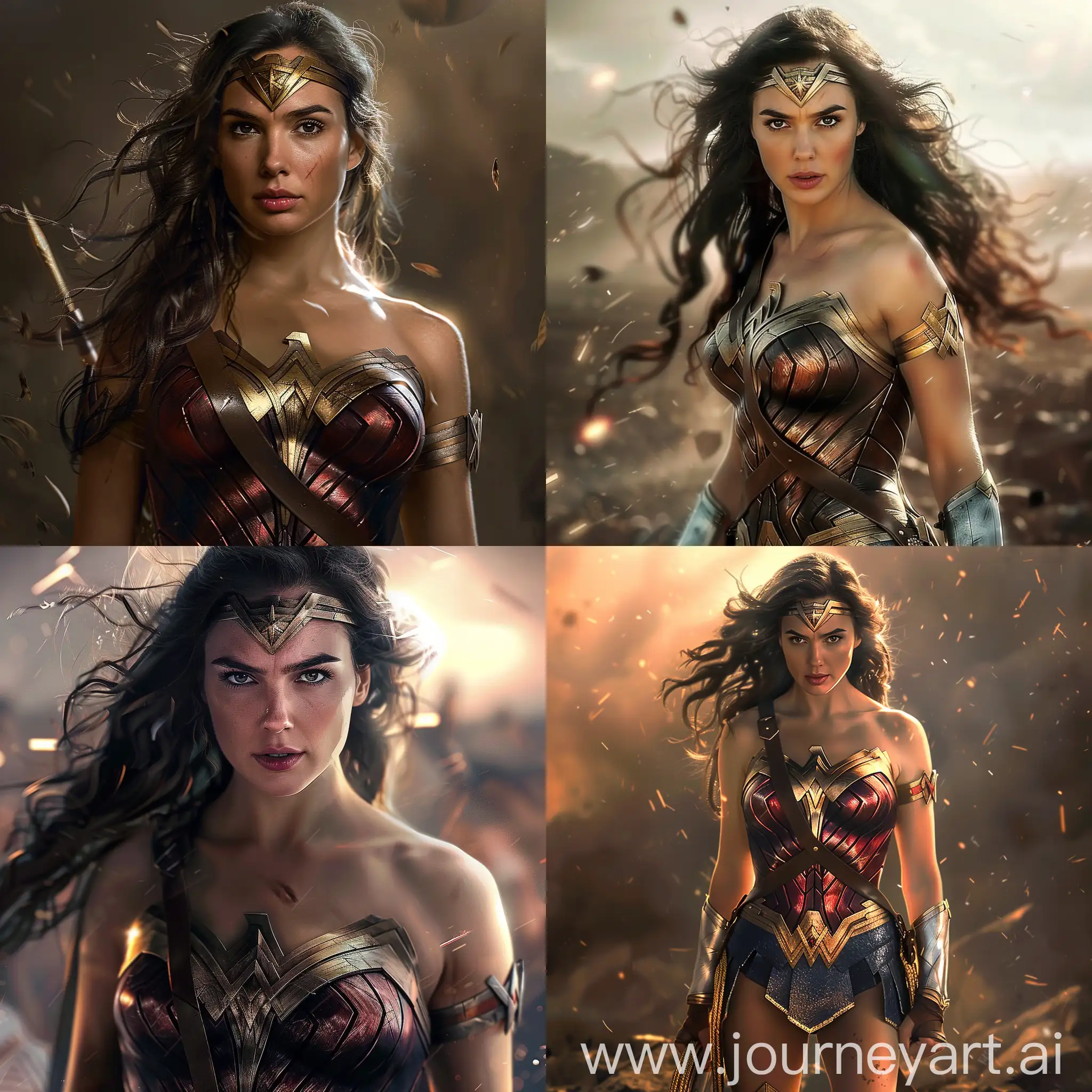 a realsitic beautiful wonder woman in war cinematic