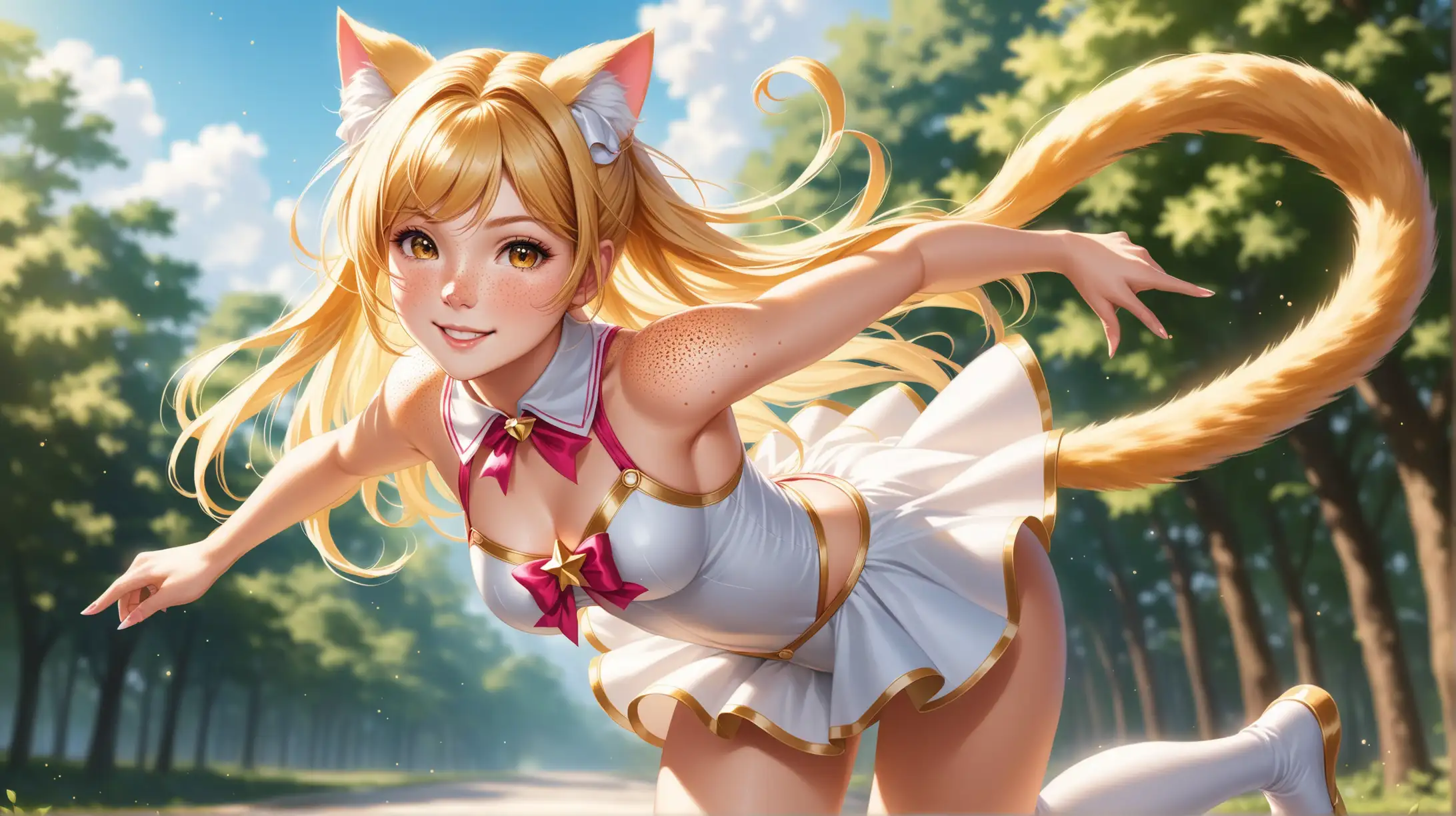 Draw a woman, long blonde hair in a bun, gold eyes, freckles, perky body, high quality, realistic, long shot, full body, outdoors, natural lighting, white magical girl outfit, cat ears and cat tail, pantyshot, dynamic pose, smiling toward the viewer