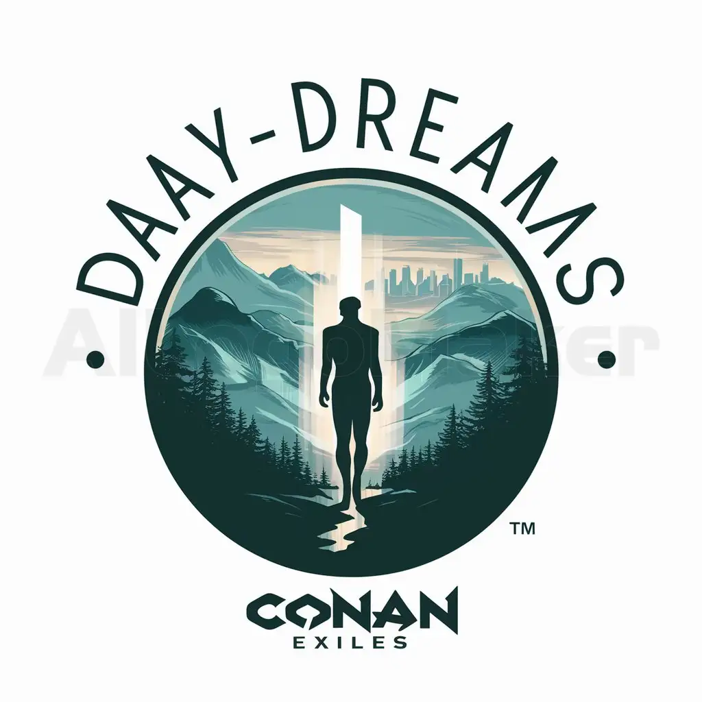 a logo design,with the text " Daydreams", main symbol:Create a round logo for Conan Exiles themenWhere a human shadow will seem to come out of mountains or forest into a distant modern city, as if stepping into a new era,complex,be used in Others industry,clear background