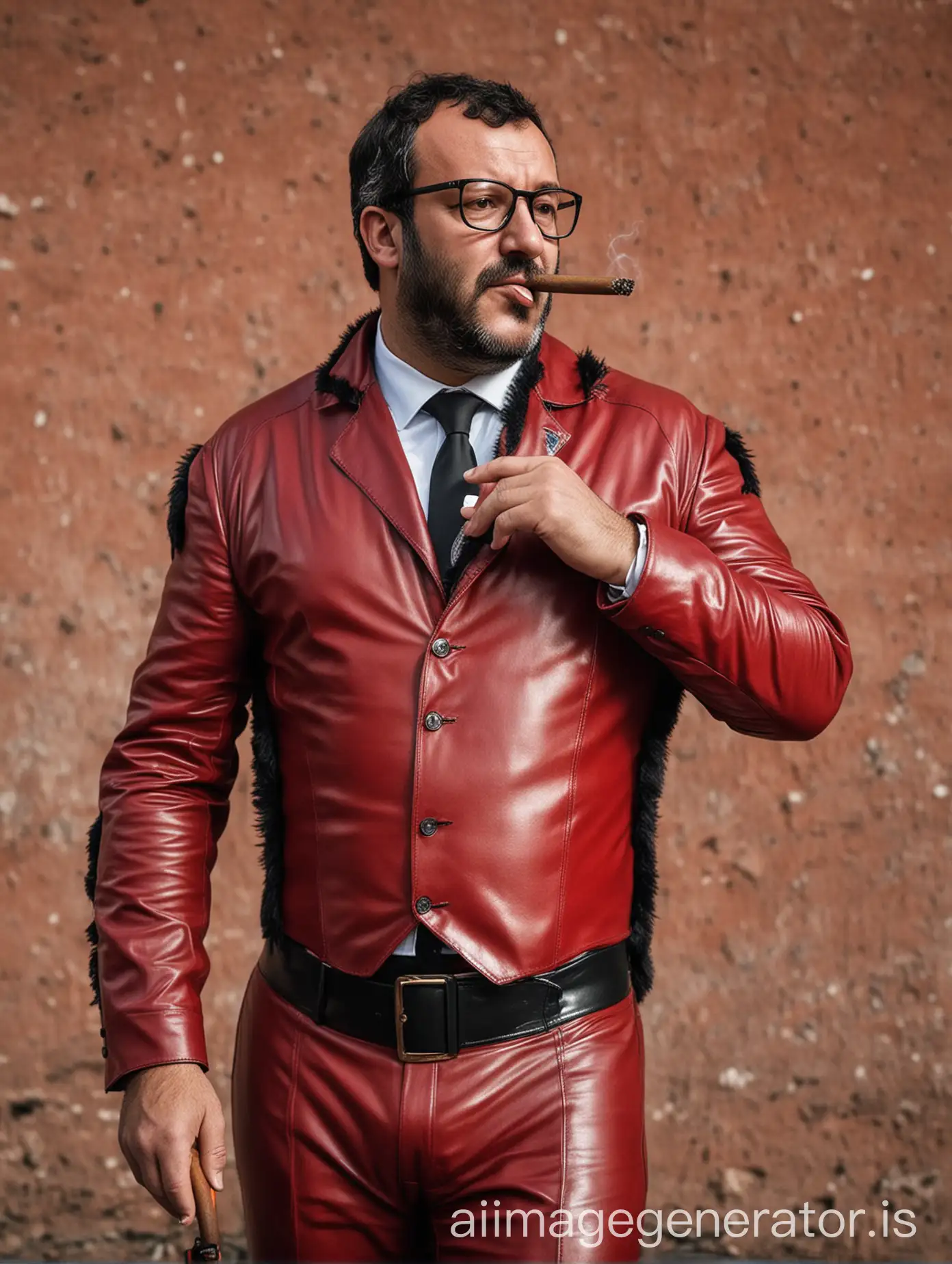 A masculine thick muscled  Matteo Salvini italian minister smoking a big cigar in tight red and black leather professional body ciclyst suit wearing glasses and hairy chest
