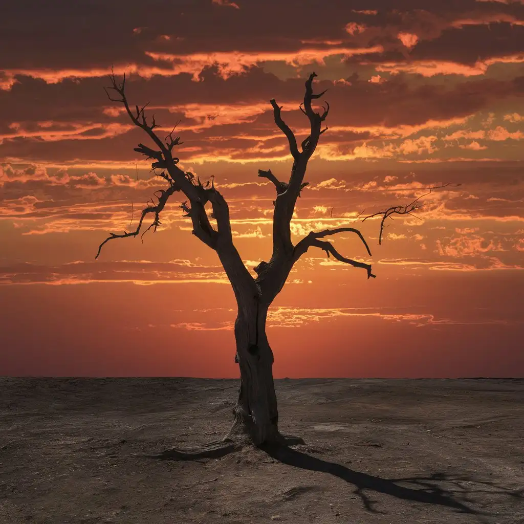 A lone tree silhouetted against a dramatic sunset