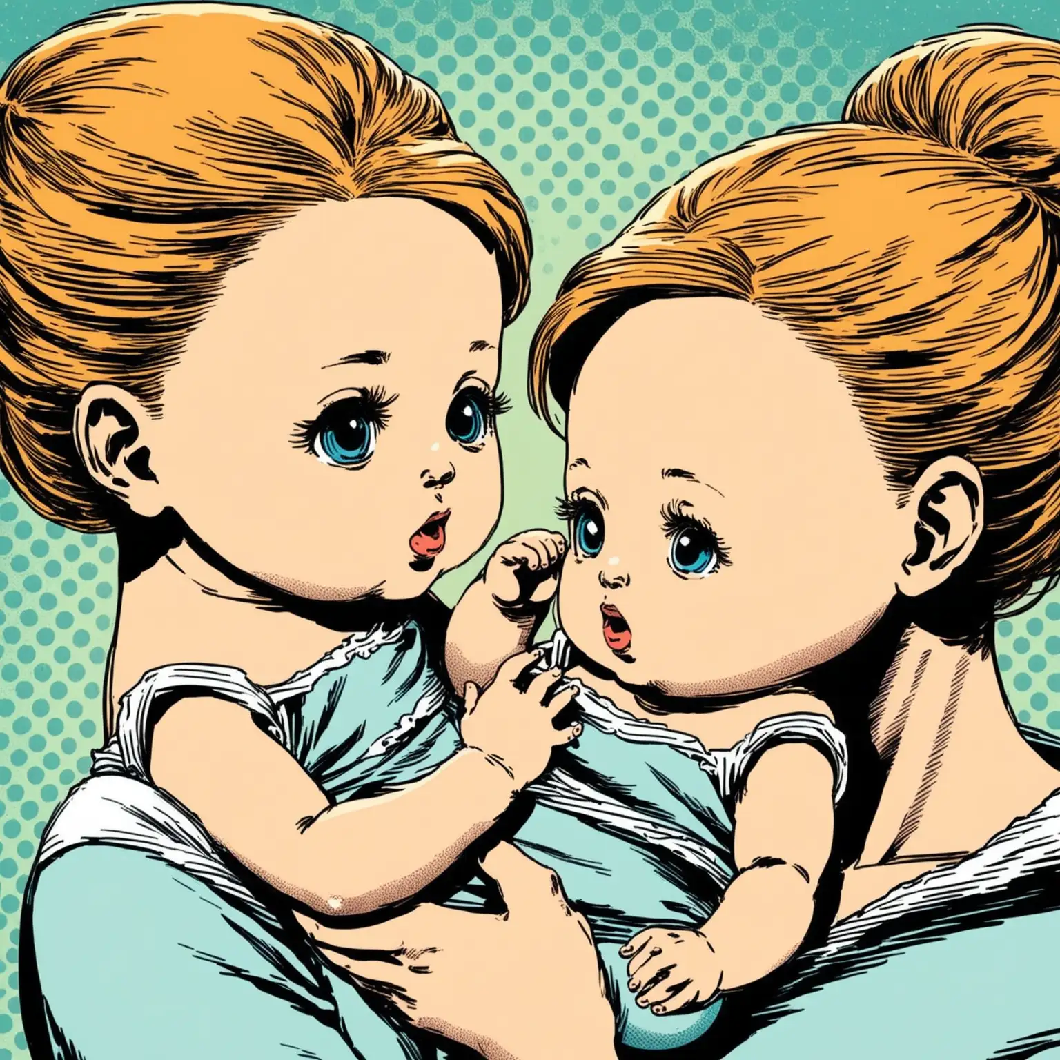 Comic book style: High angle of a woman holding two twin babies.  We don't see her face.
