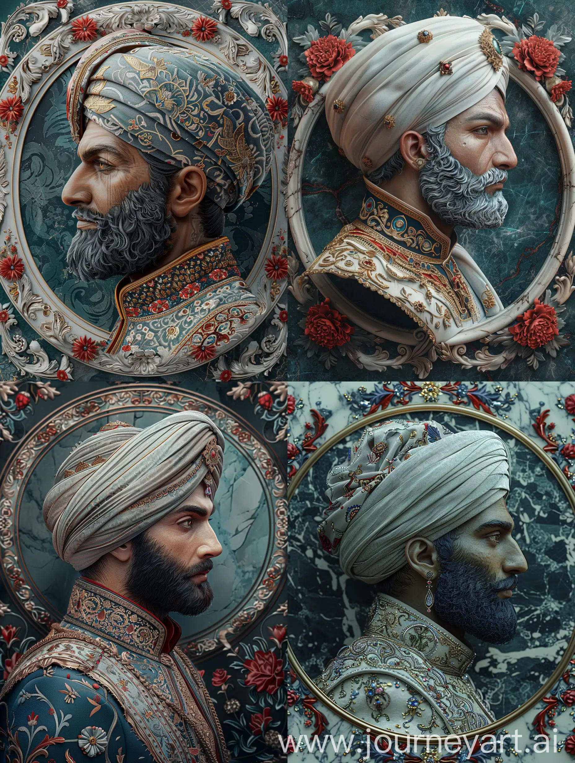 Isometric digital artwork of an Ottoman Sultan in profile view, carved in a marble relief style. The Sultan should have a neatly trimmed beard and wear an intricately detailed turban with gold and jewel accents. His attire should include rich patterns and ornate embroidery. Surround the Sultan's profile with a circular frame featuring detailed floral motifs in red, white, and blue with gold accents, all appearing to be carved from marble. Ensure the textures and contours mimic the smooth, polished, resin-coated effect of marble carving, with fine details and a dark marble background for contrast. The Sultan's face should be very smooth, enhancing the polished and refined look. The overall style should blend hyper-realism with the aesthetic of fine marble craftsmanship, Green blue hue composition --s 700 --ar 9:12