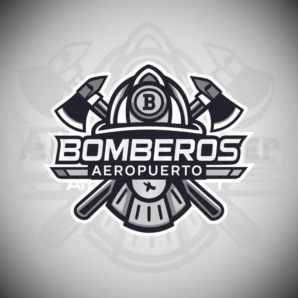 a logo design,with the text "BOMBEROS AEROPUERTO", main symbol:un casco de bomberos con dos hachas y un avión,Moderate,be used in Sports Fitness industry,clear background