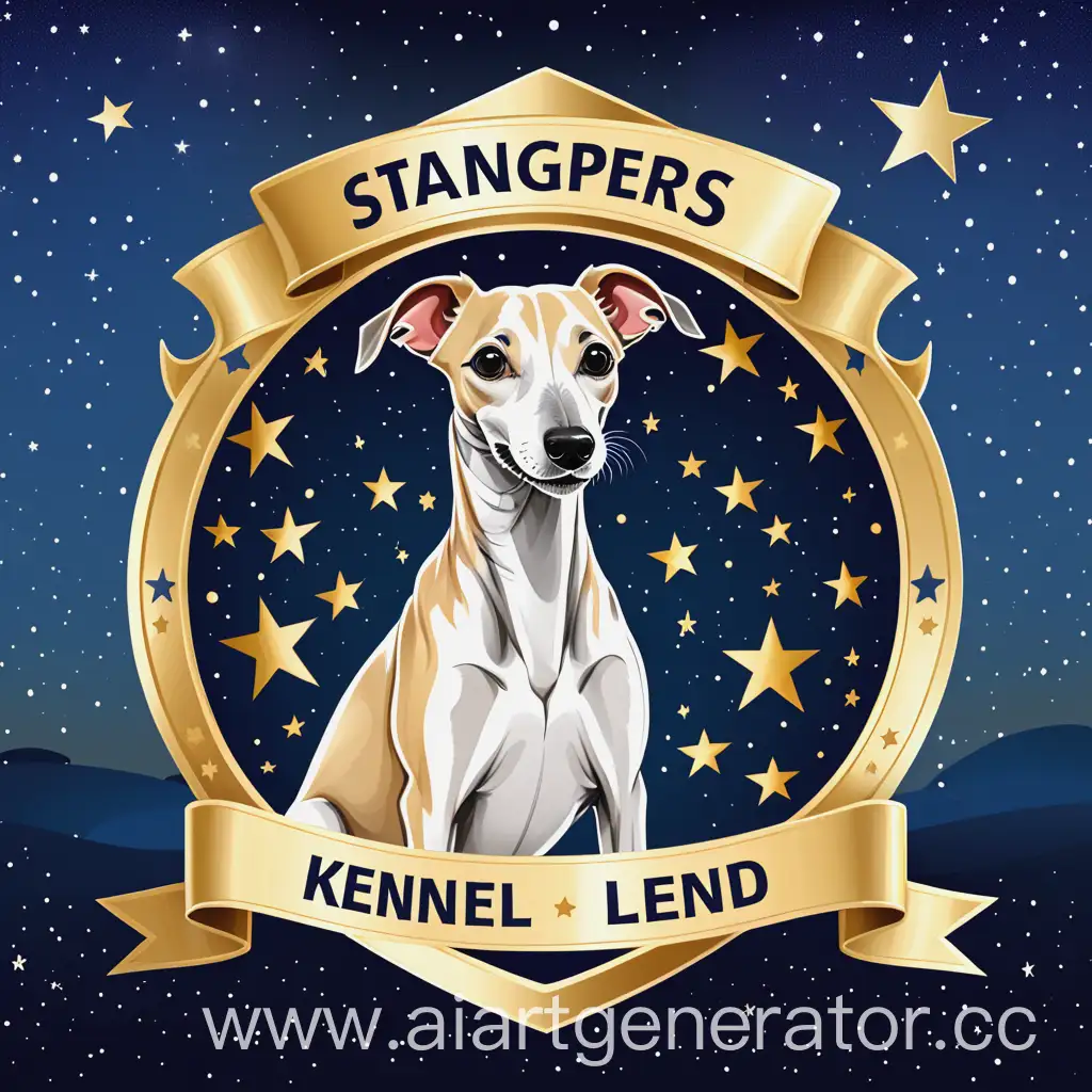 баннер с надписью "Stangers lend kennel" на котором изображено звездное небо так же на флаге будут изображены собаки породы уиппет золотистого цвета и значок этой породы
