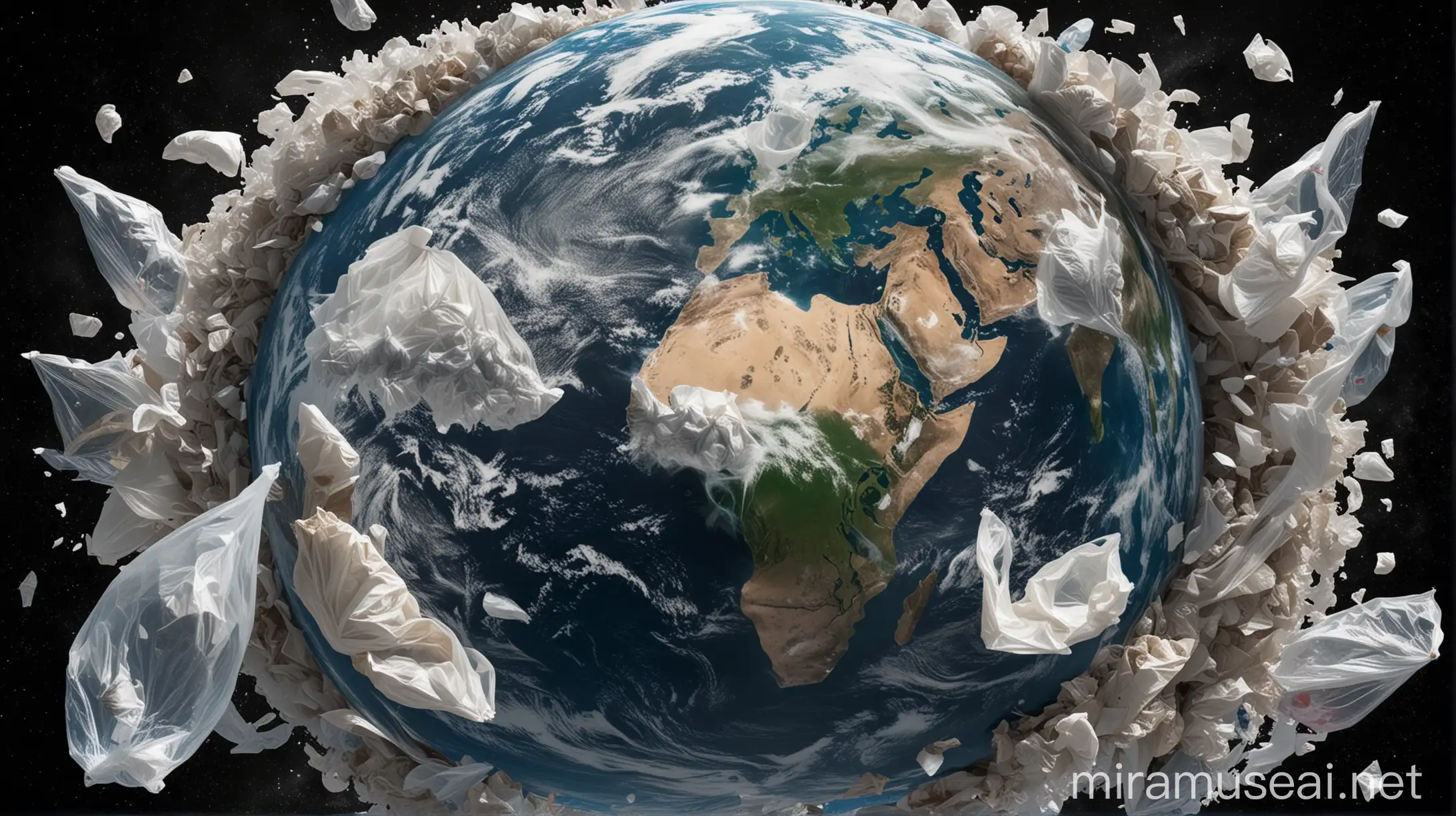 la Terre vue de l'espace avec des centaines de  sacs en plastique  qui tournent autour du globe à la place des satellites. Fond transparent.

