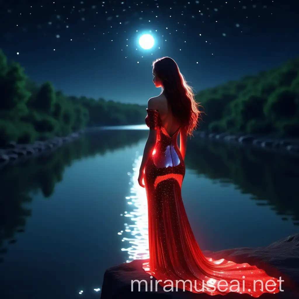 Elegant Woman in Glittering Dress Admiring Red River at Midnight