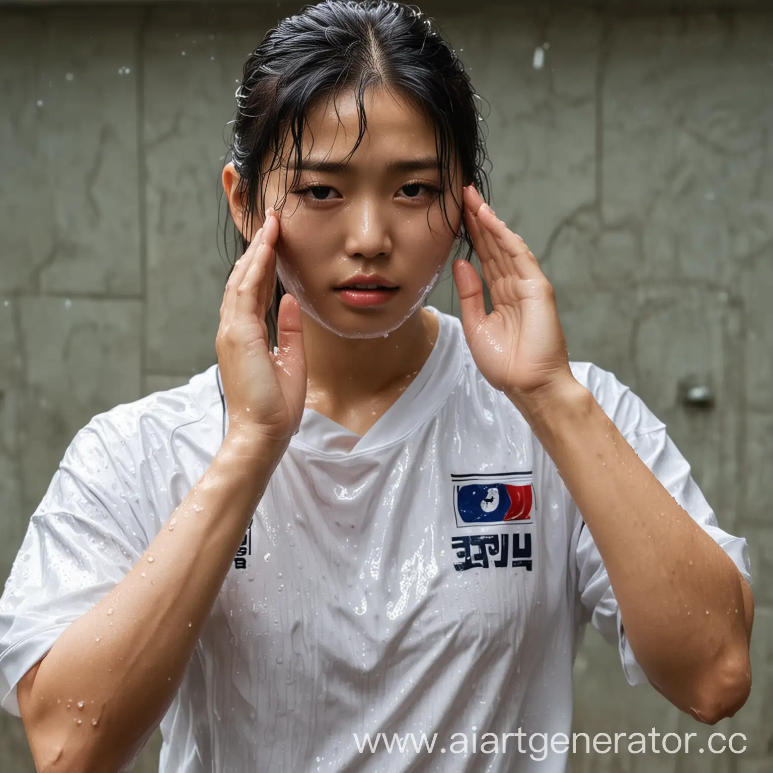 Накачаный кореец стоит в мокрой фудболке и возле него смущёная девушка закрывает лицо руками