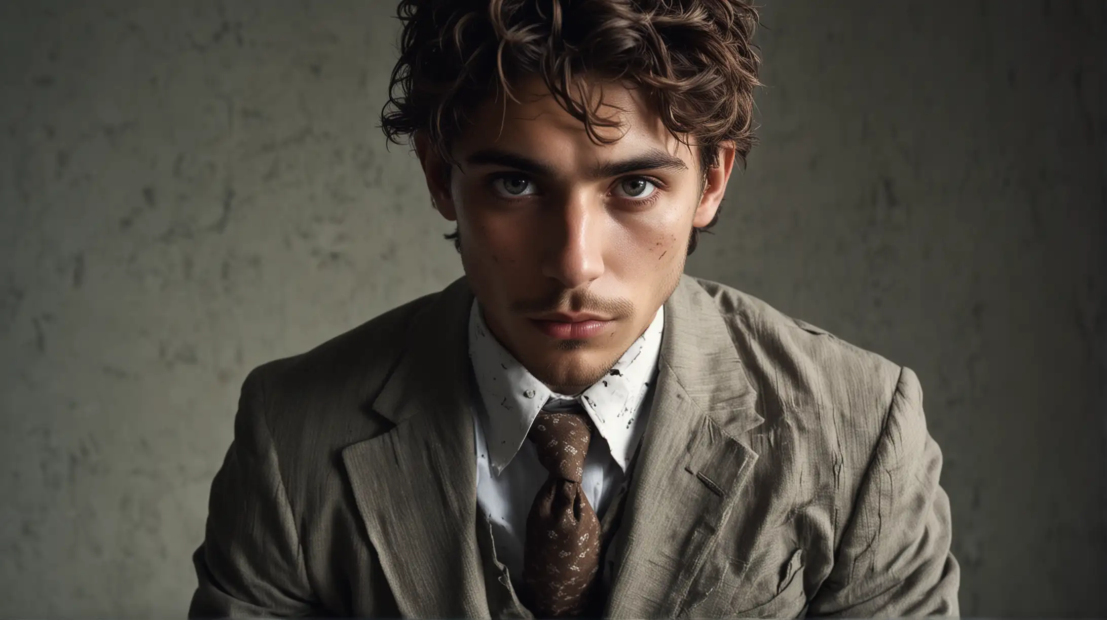 Classic portrait-style photography, a young Shia LeBoef, wild-eyed, wearing crumpled suit, good looking, photo realistic, cinematic lighting