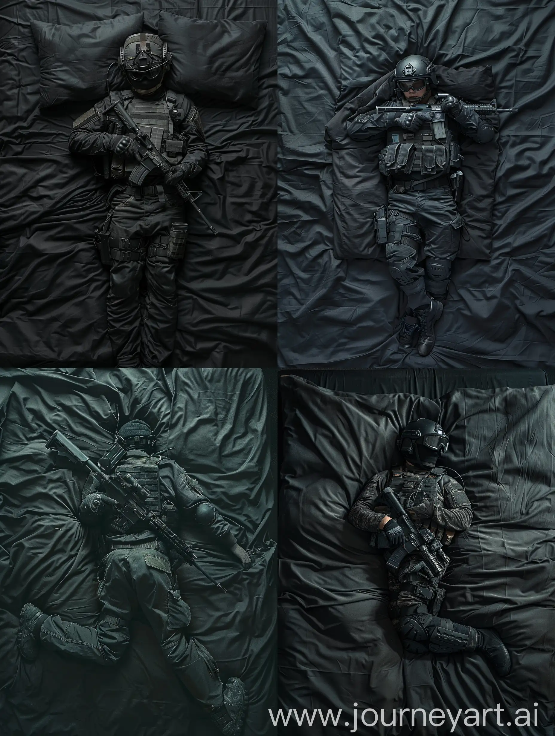 Оперативник SWAT лежащий на чёрной кровати, в балакаве, с оружием, вид сверху